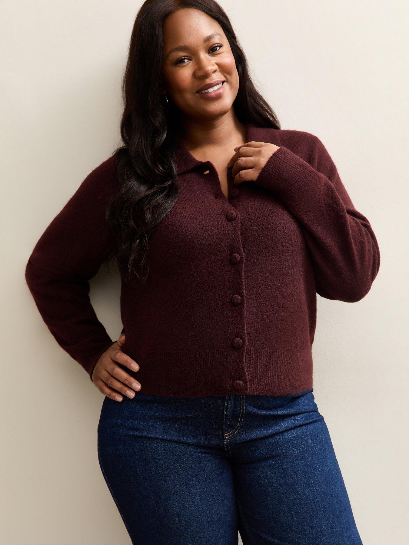 Image 1 of 6 of New Look Curves Dark Burgundy Knit Collared Cardigan