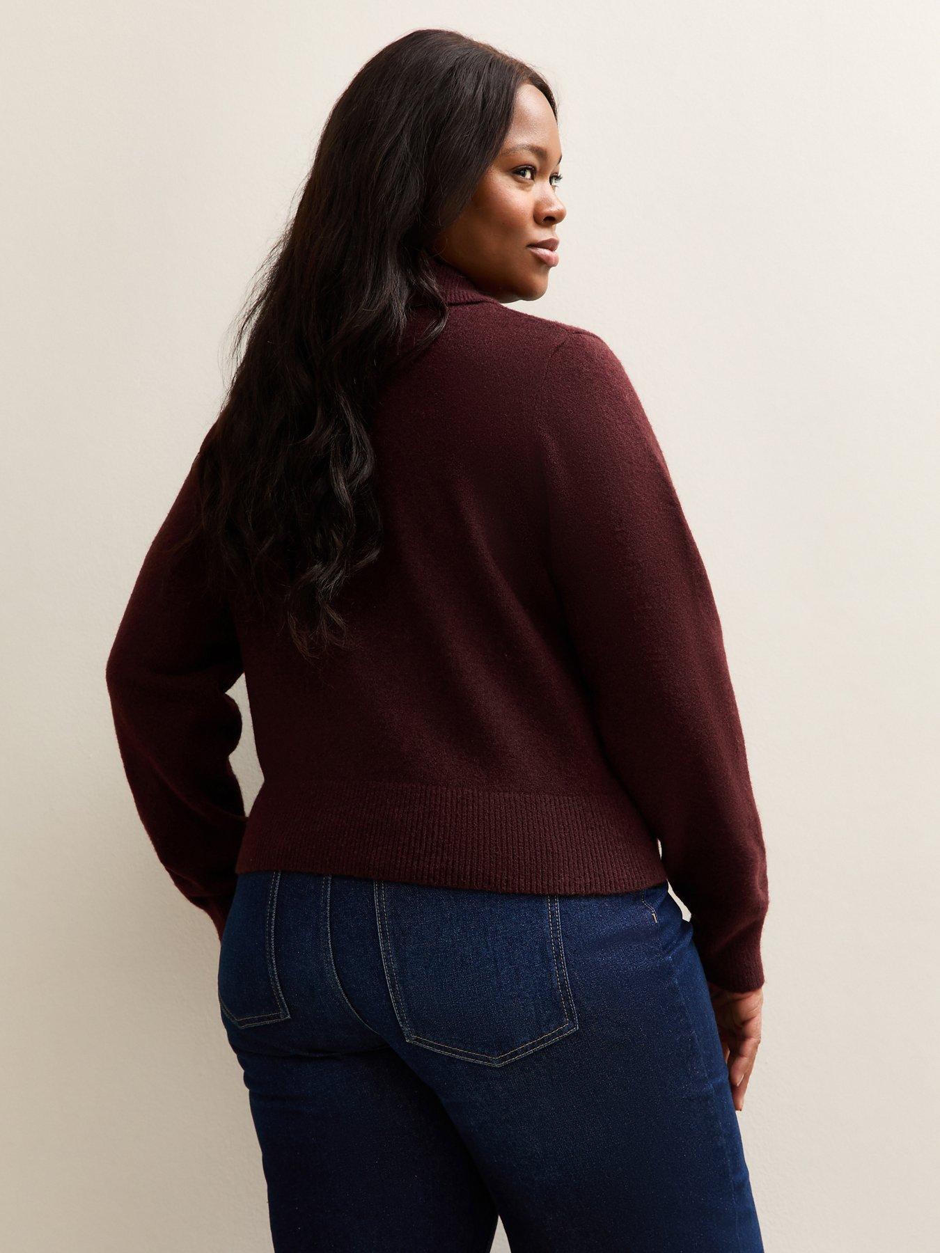 Image 2 of 6 of New Look Curves Dark Burgundy Knit Collared Cardigan