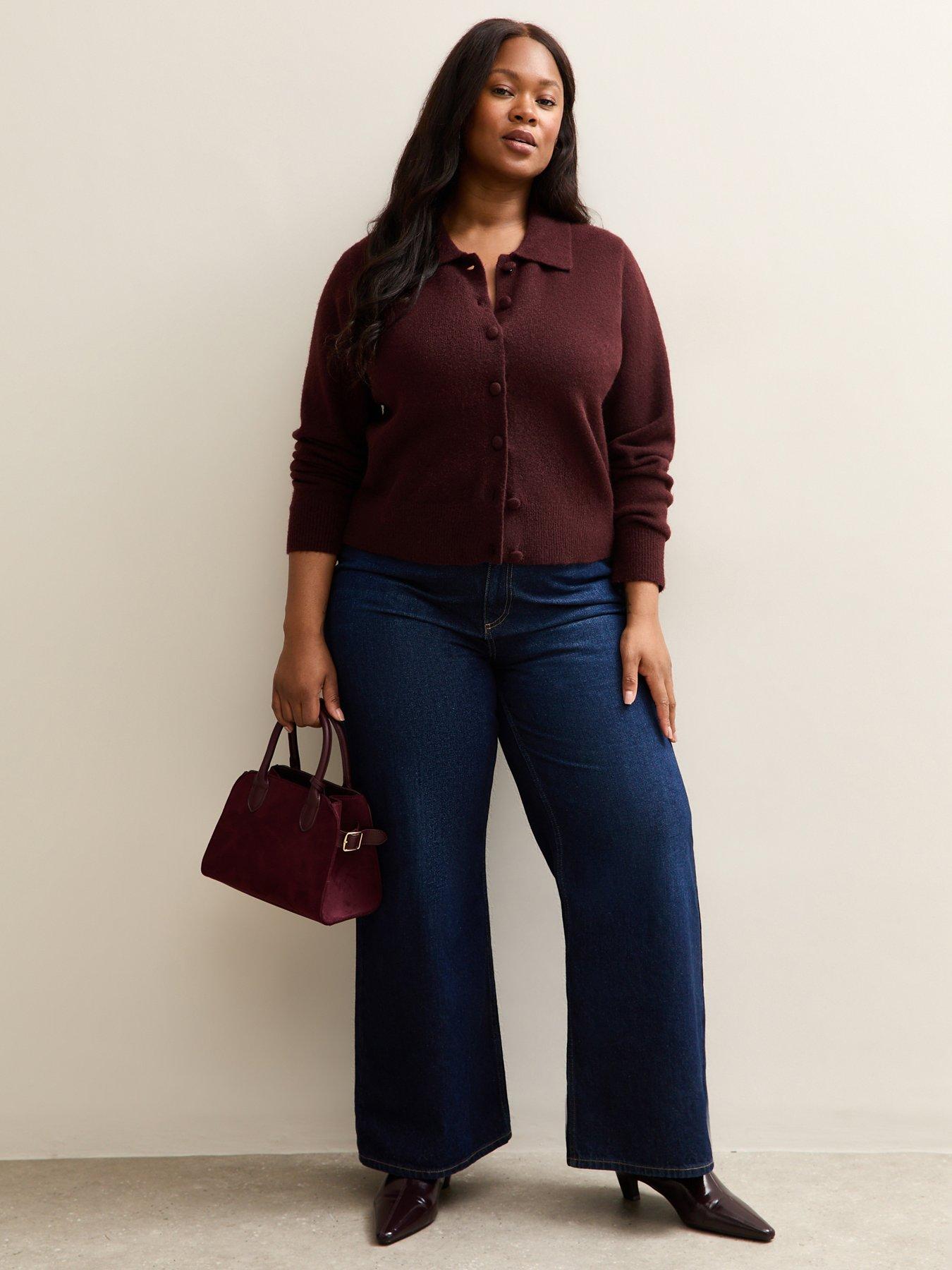 Image 3 of 6 of New Look Curves Dark Burgundy Knit Collared Cardigan