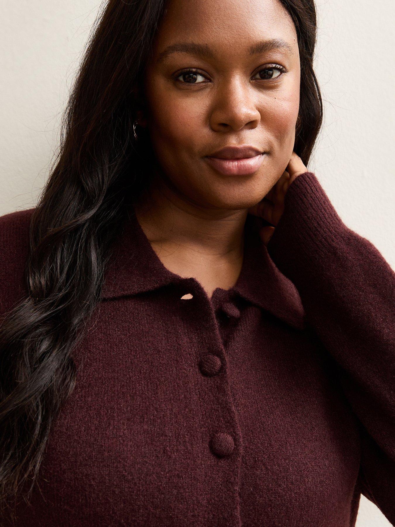 Image 5 of 6 of New Look Curves Dark Burgundy Knit Collared Cardigan