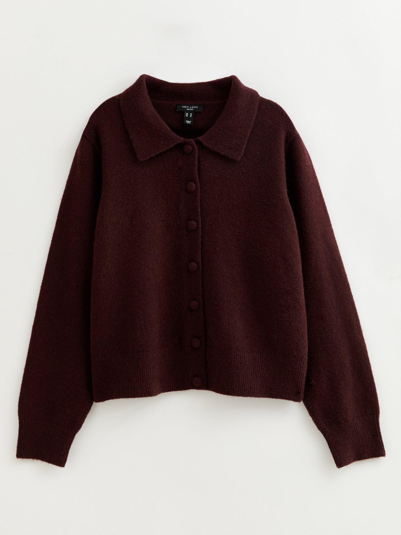 Image 6 of 6 of New Look Curves Dark Burgundy Knit Collared Cardigan