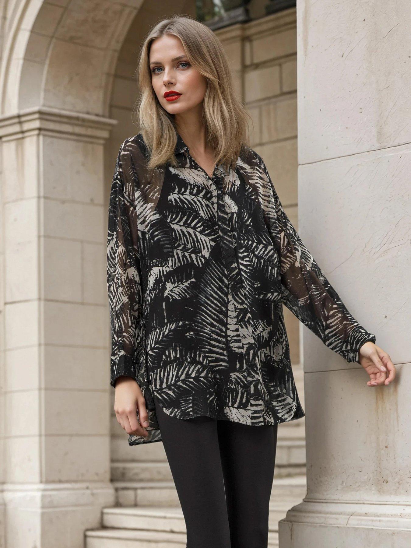  image of religion-zoe-oversized-floral-monochrome-long-line-shirt-black