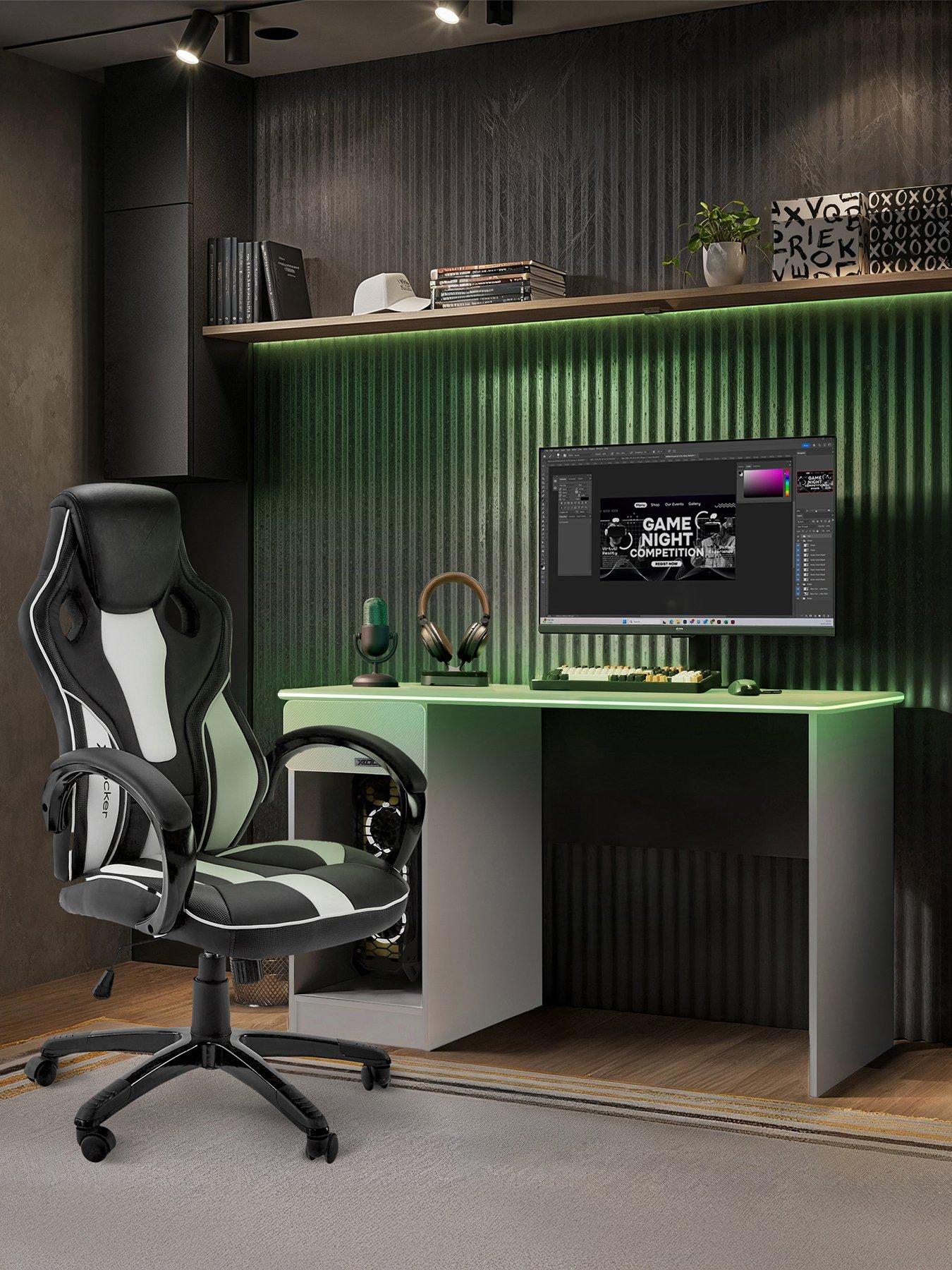 X Rocker Gaming Bundle - Carbon-Tek LED Desk and Maverick Office Gaming Chair (White/Black)