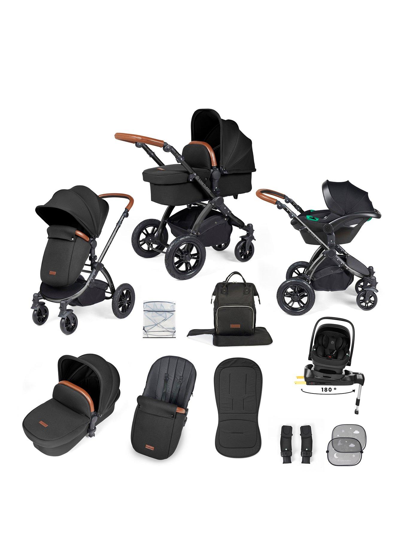 Ickle Bubba Stomp Luxe 12 Piece Travel System with i-Size Nimbus Car Seat & Spin ISOFIX Base - Black / Midnight / Tan