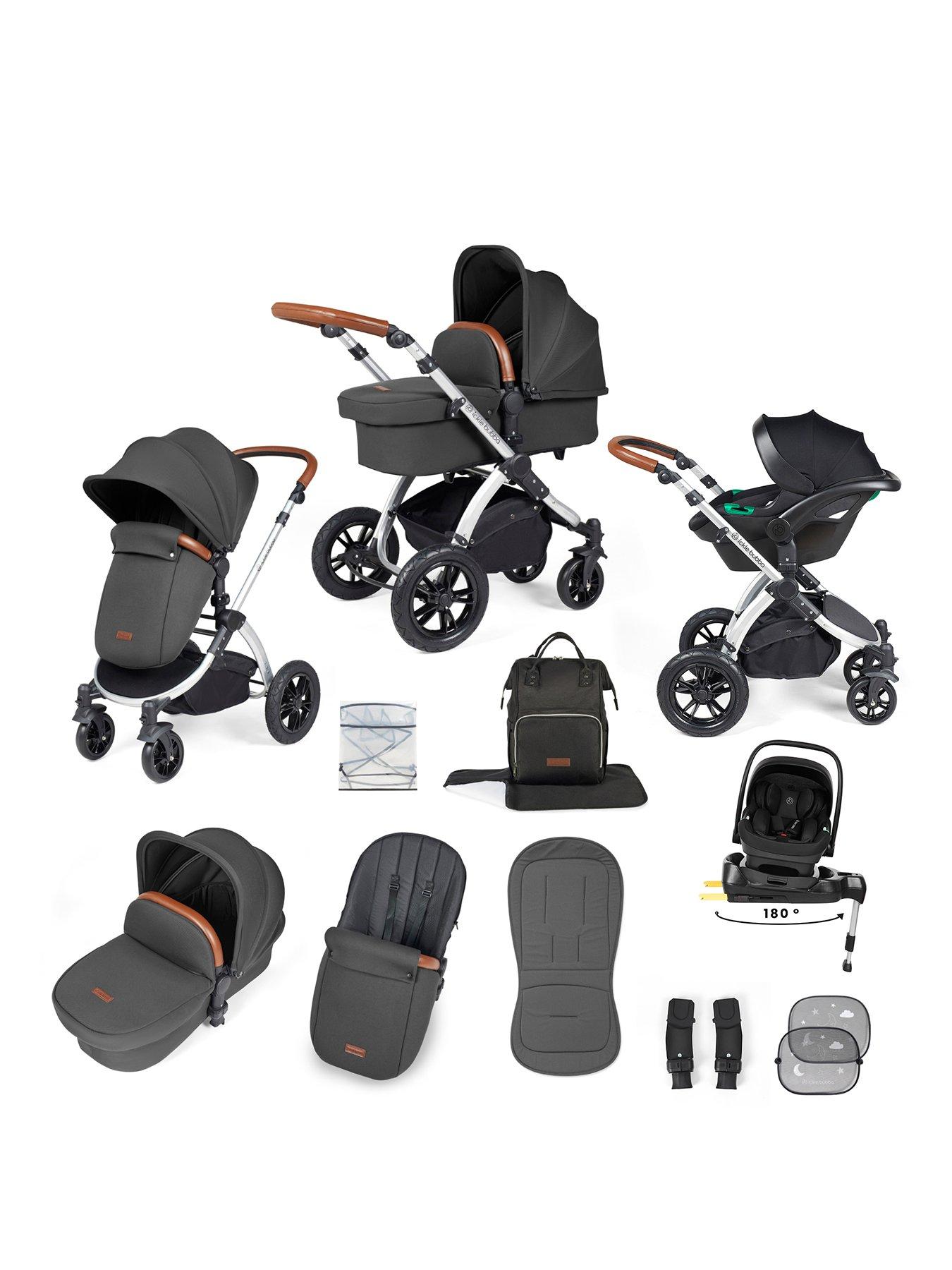 Ickle Bubba Stomp Luxe 12 Piece Travel System with i-Size Nimbus Car Seat & Spin ISOFIX Base - Silver / Charcoal Grey / Tan
