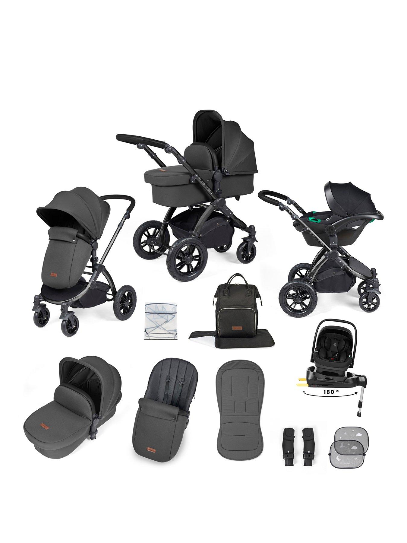 Ickle Bubba Stomp Luxe 12 Piece Travel system with i-Size Nimbus Car Seat & Spin ISOFIX Base - Black / Charcoal Grey / Black