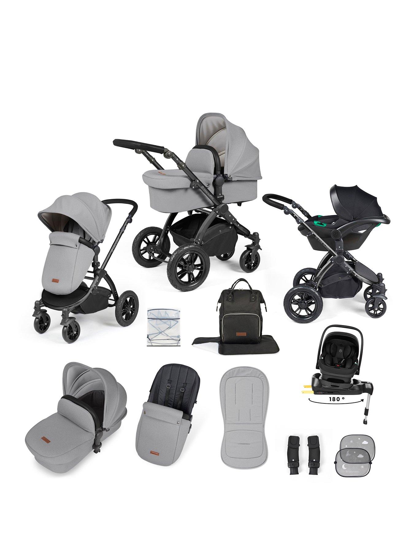Ickle Bubba Stomp Luxe 12 Piece Travel System with i-Size Nimbus Car Seat & Spin ISOFIX - Black / Pearl Grey / Black