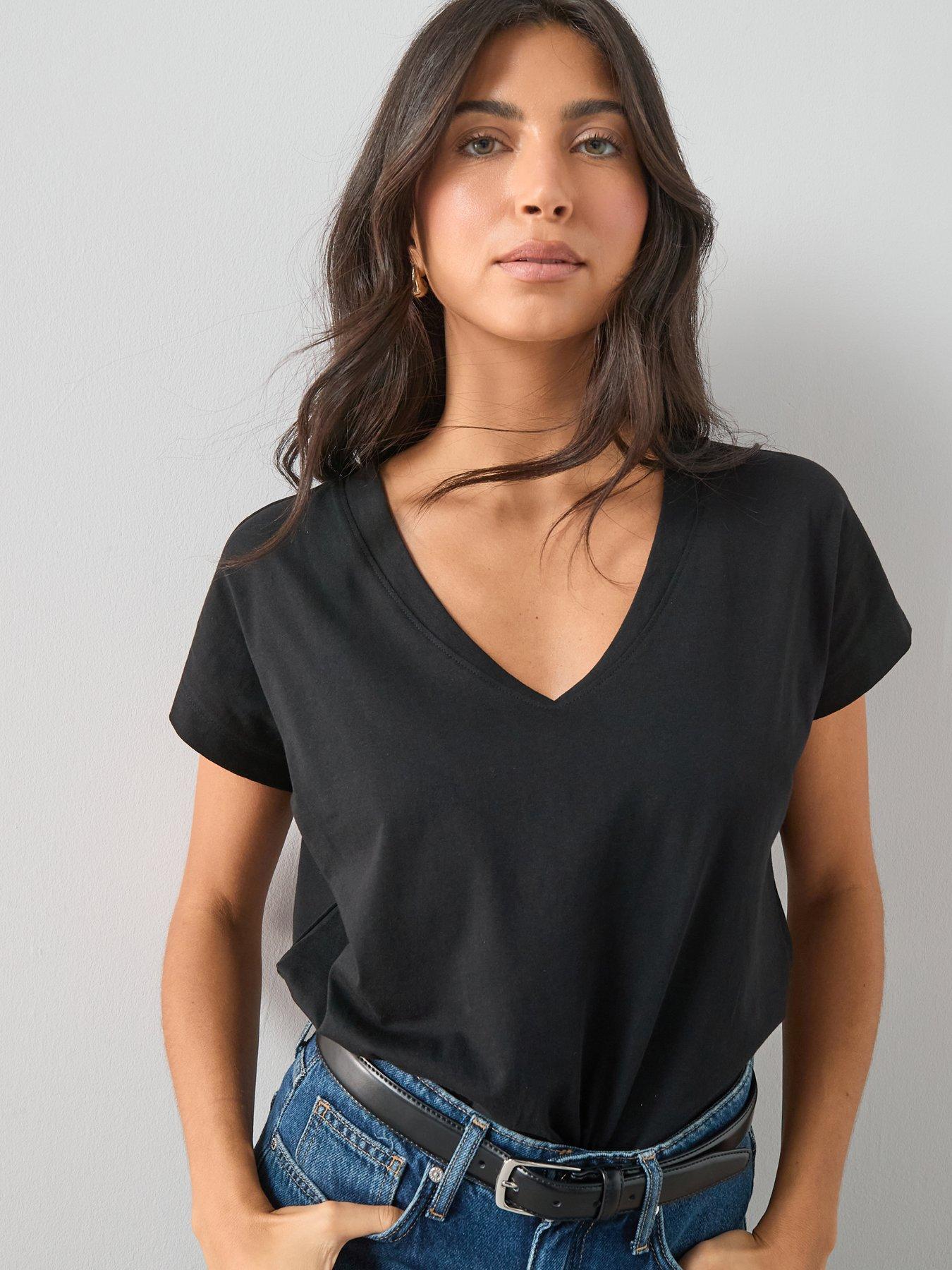 Image 1 of 6 of The Very Collection Womens V Neck 100% Cotton Jersey T-Shirt - Black