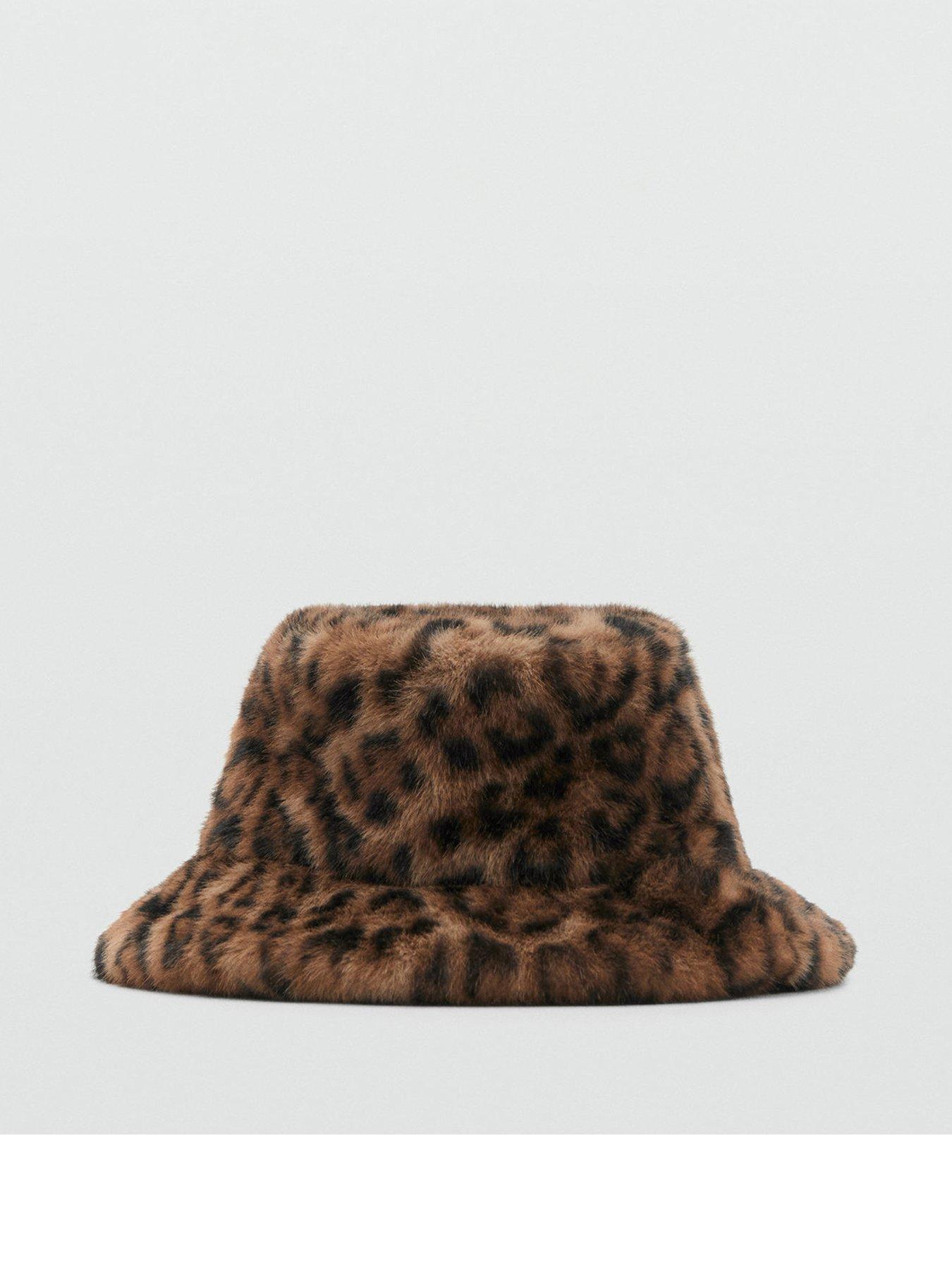Mango Leopard Print Fur Effect Bucket Hat - Brown