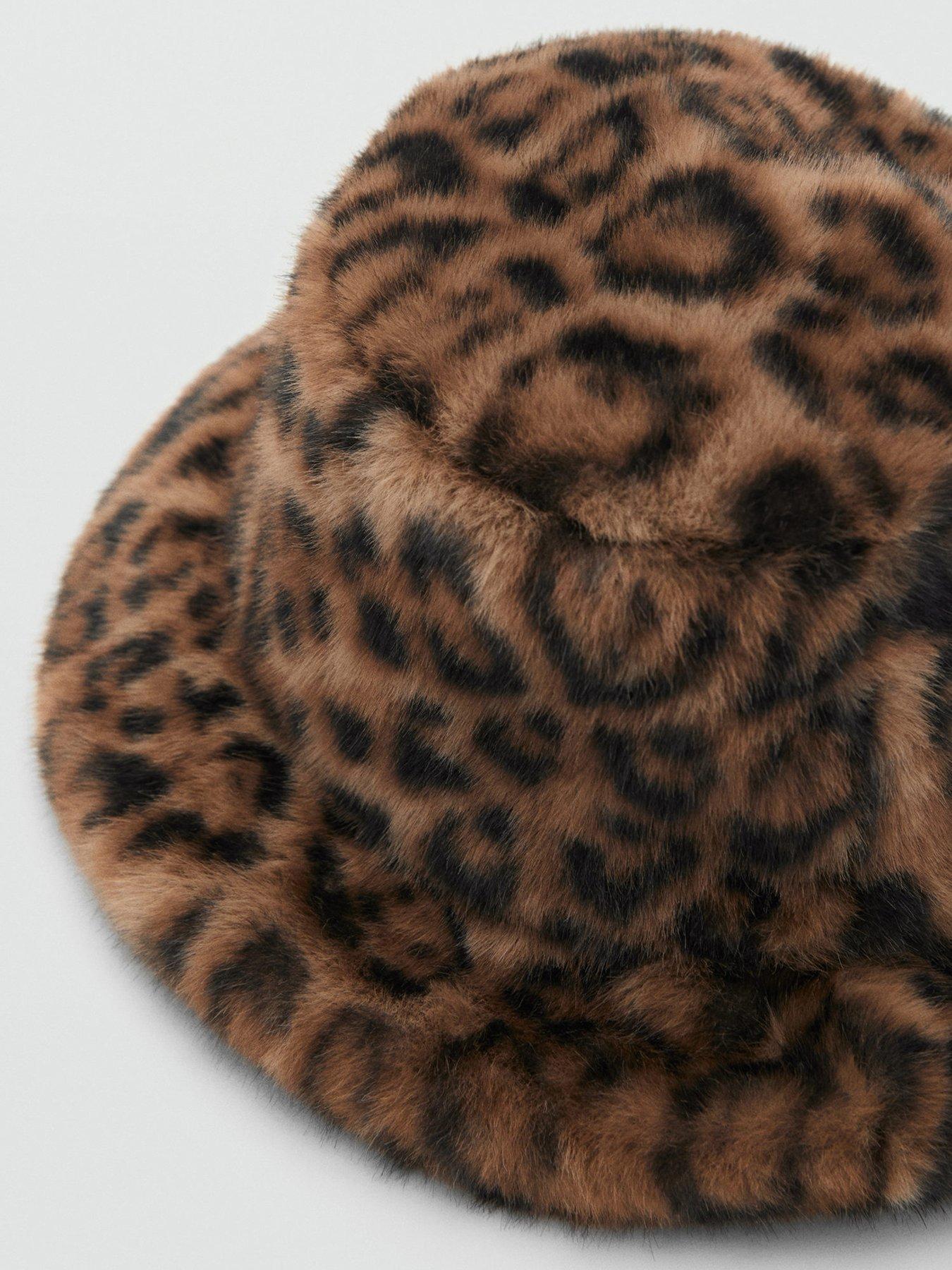 Image 2 of 3 of Mango Leopard Print Fur Effect Bucket Hat - Brown