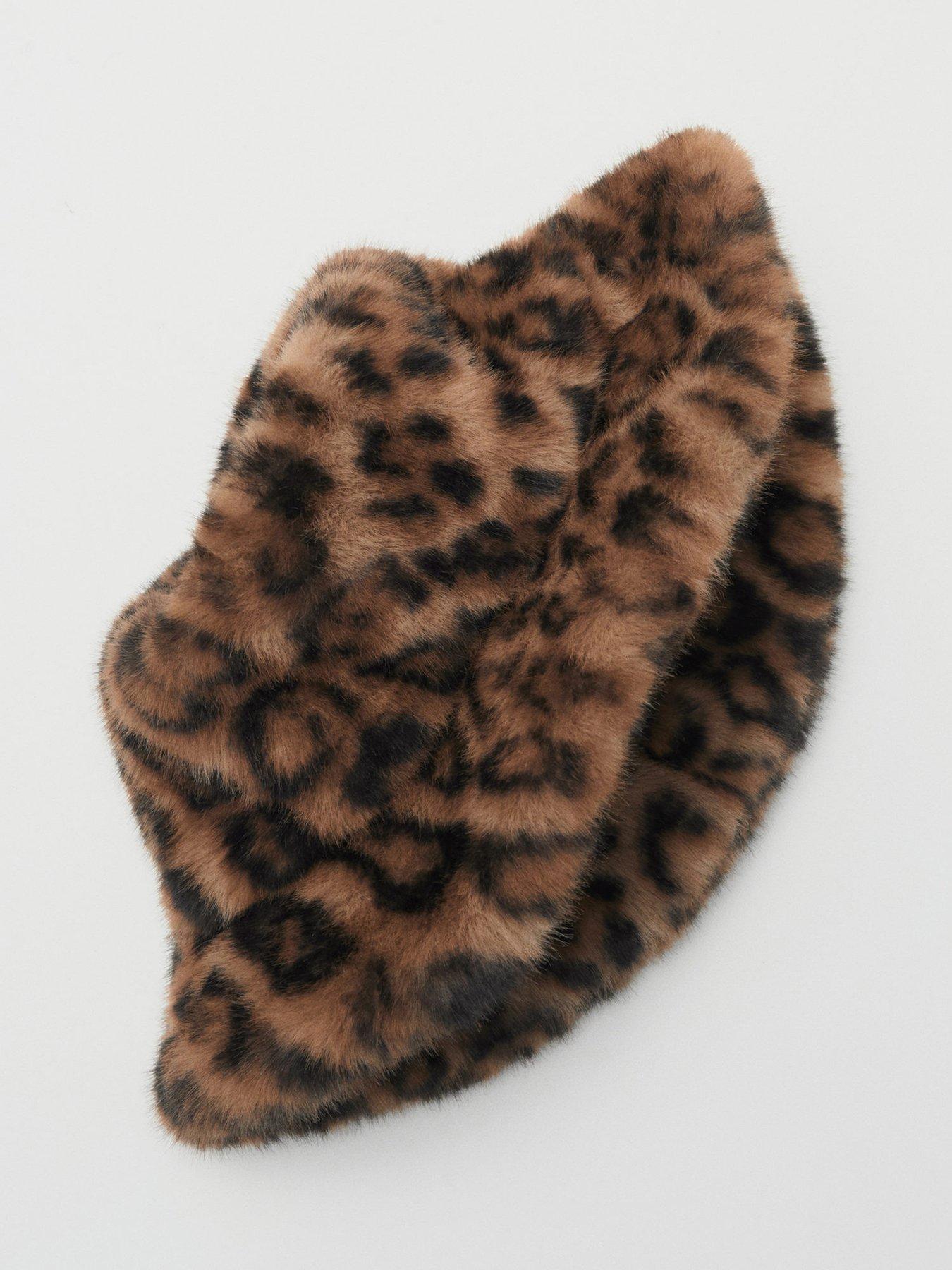 Image 3 of 3 of Mango Leopard Print Fur Effect Bucket Hat - Brown