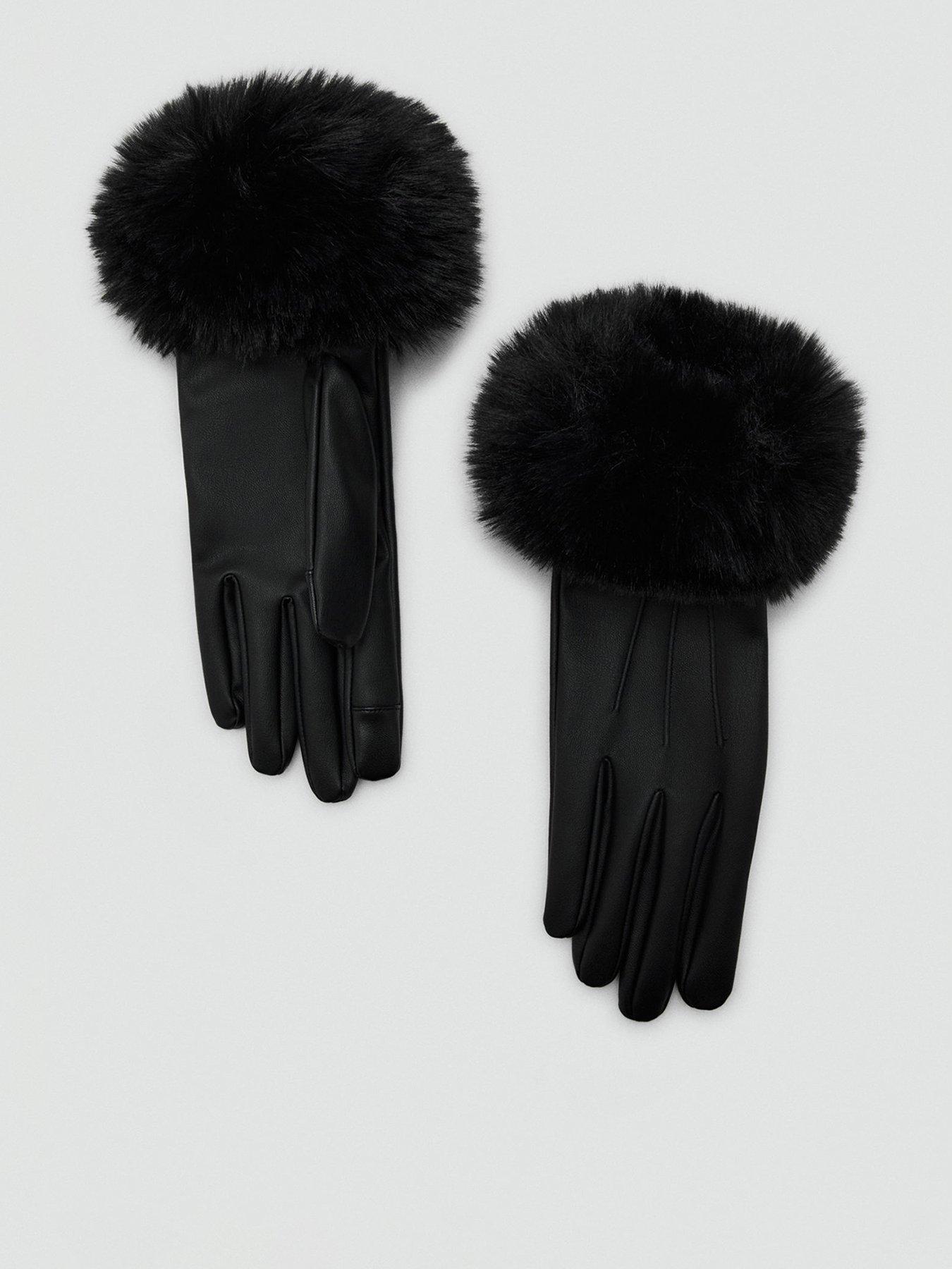 front image of mango-faux-fur-cuff-gloves-black