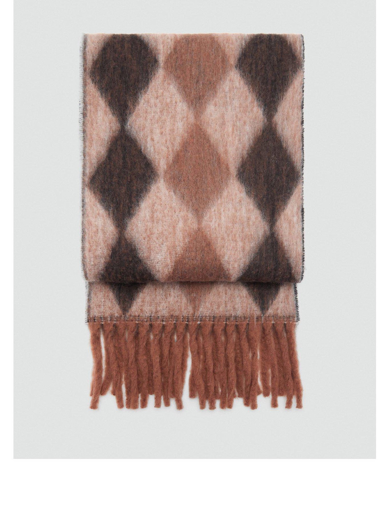Mango Diamond Pattern Scarf With Fringes - Brown