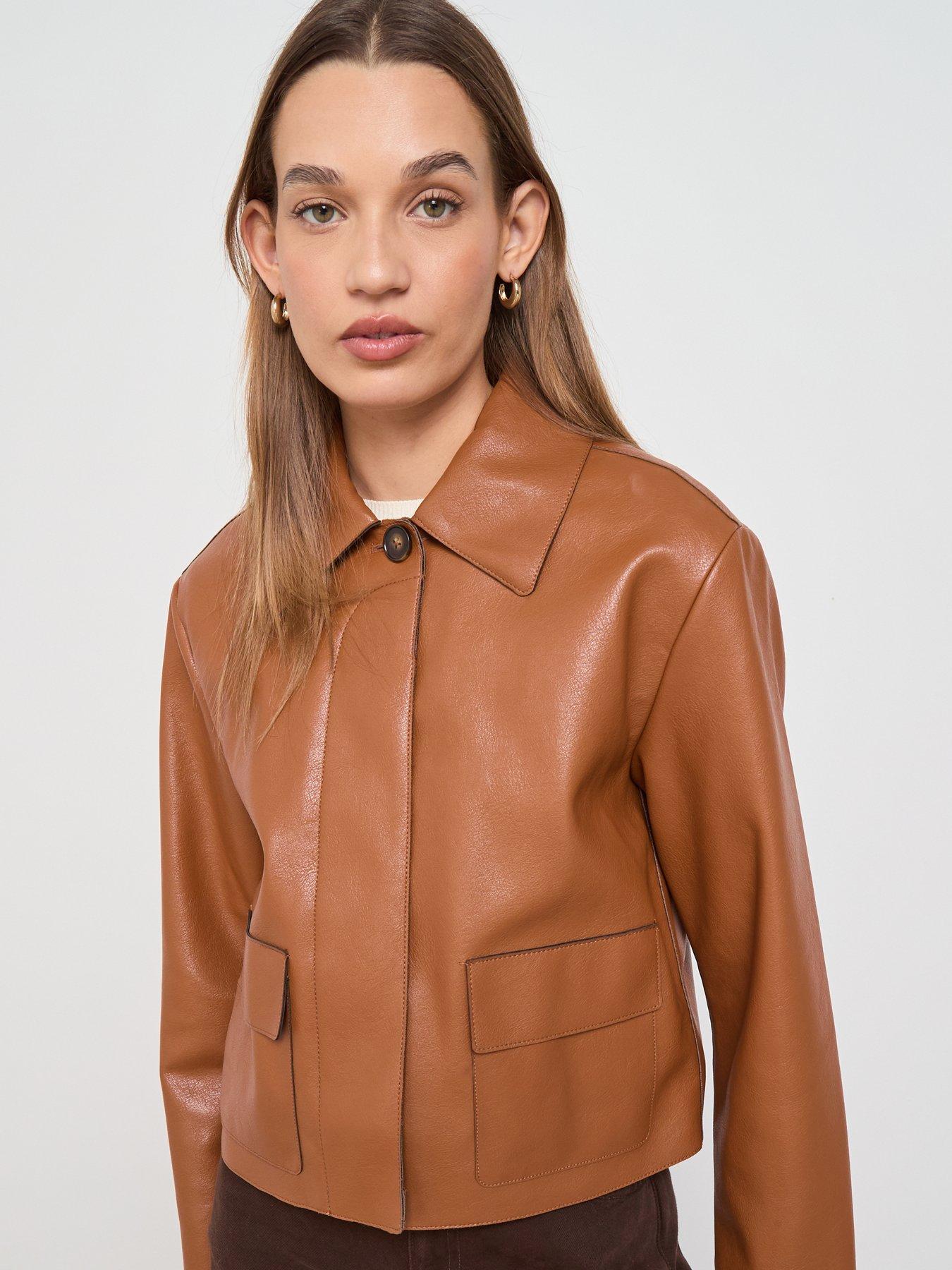 front image of mango-leather-effect-jacket-with-pockets-beige