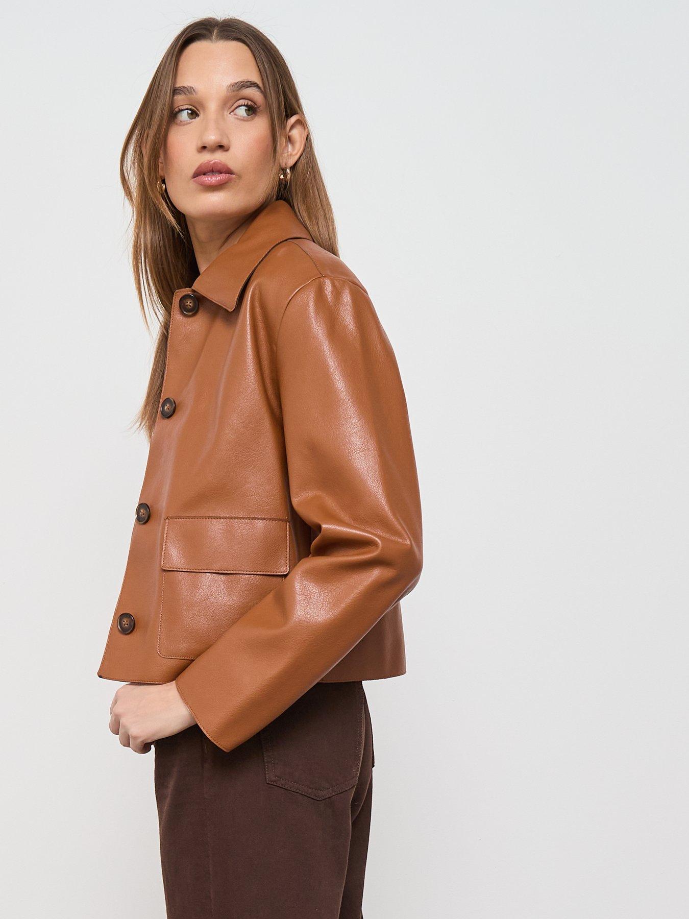  image of mango-leather-effect-jacket-with-pockets-beige
