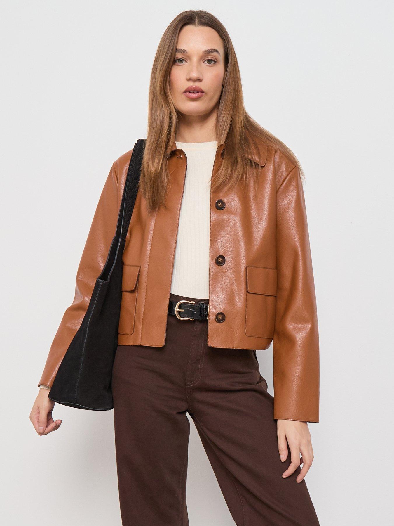  image of mango-leather-effect-jacket-with-pockets-beige