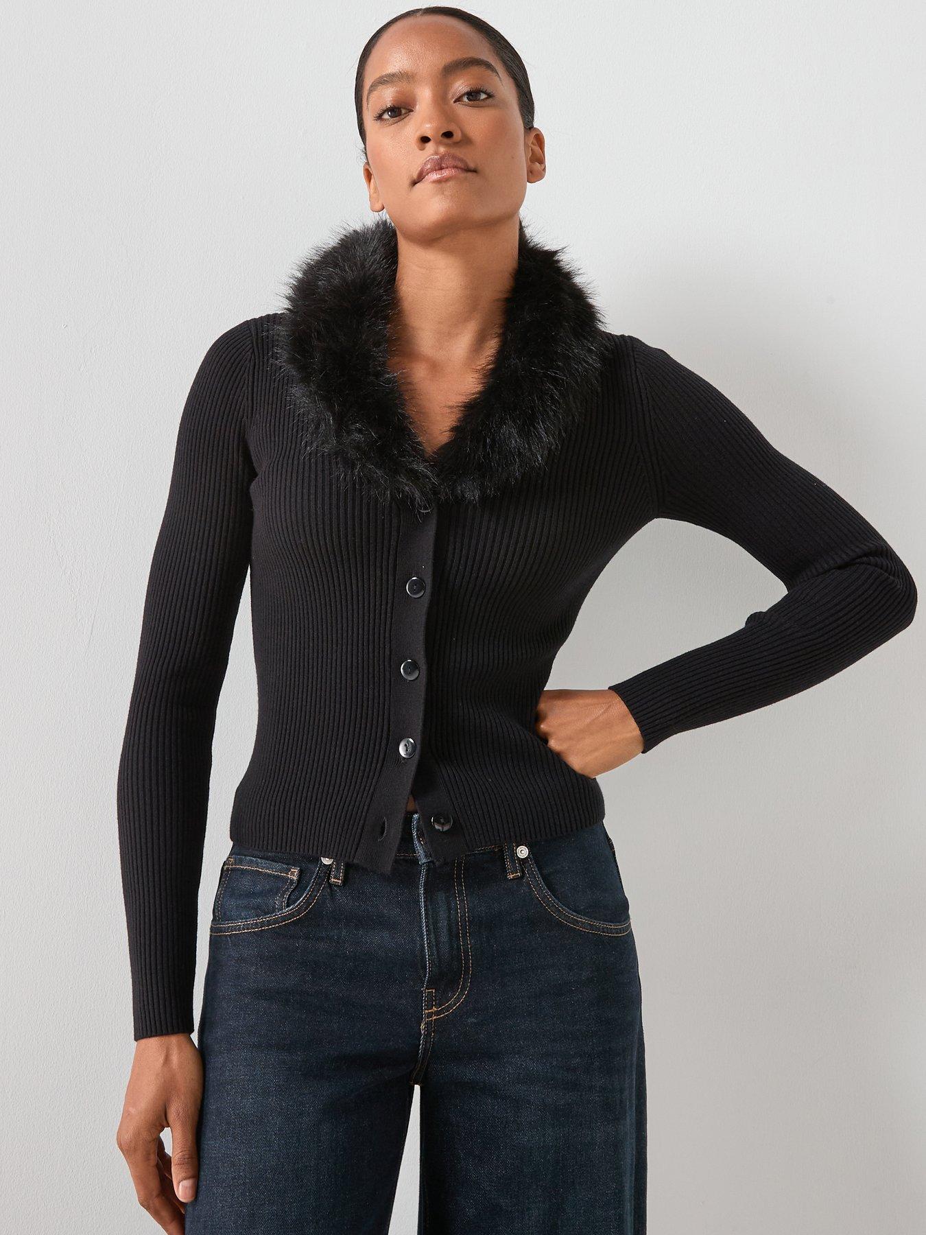 Mango Cardigan With Faux Fur Collar