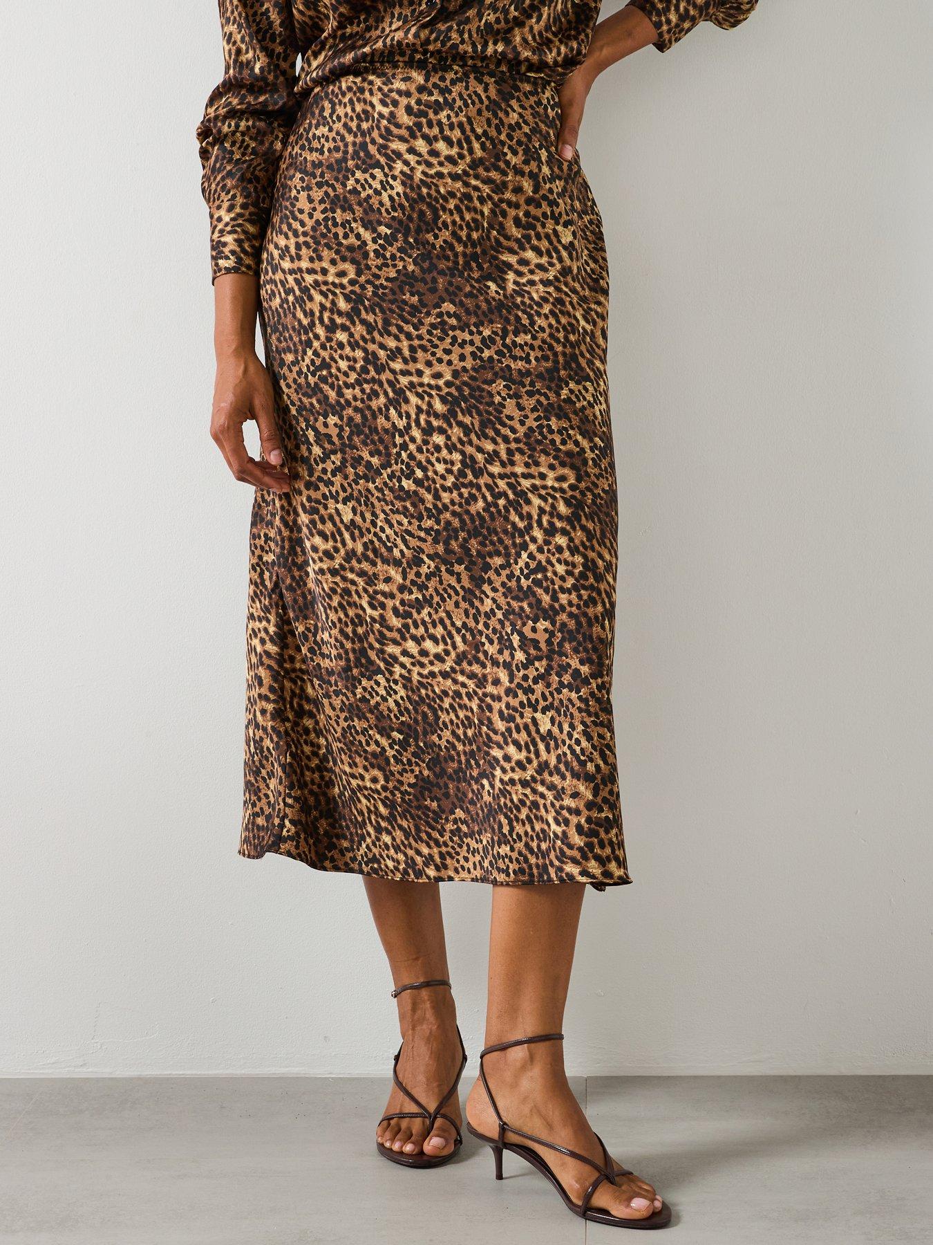 Mango Leopard Print Satin Midi Skirt