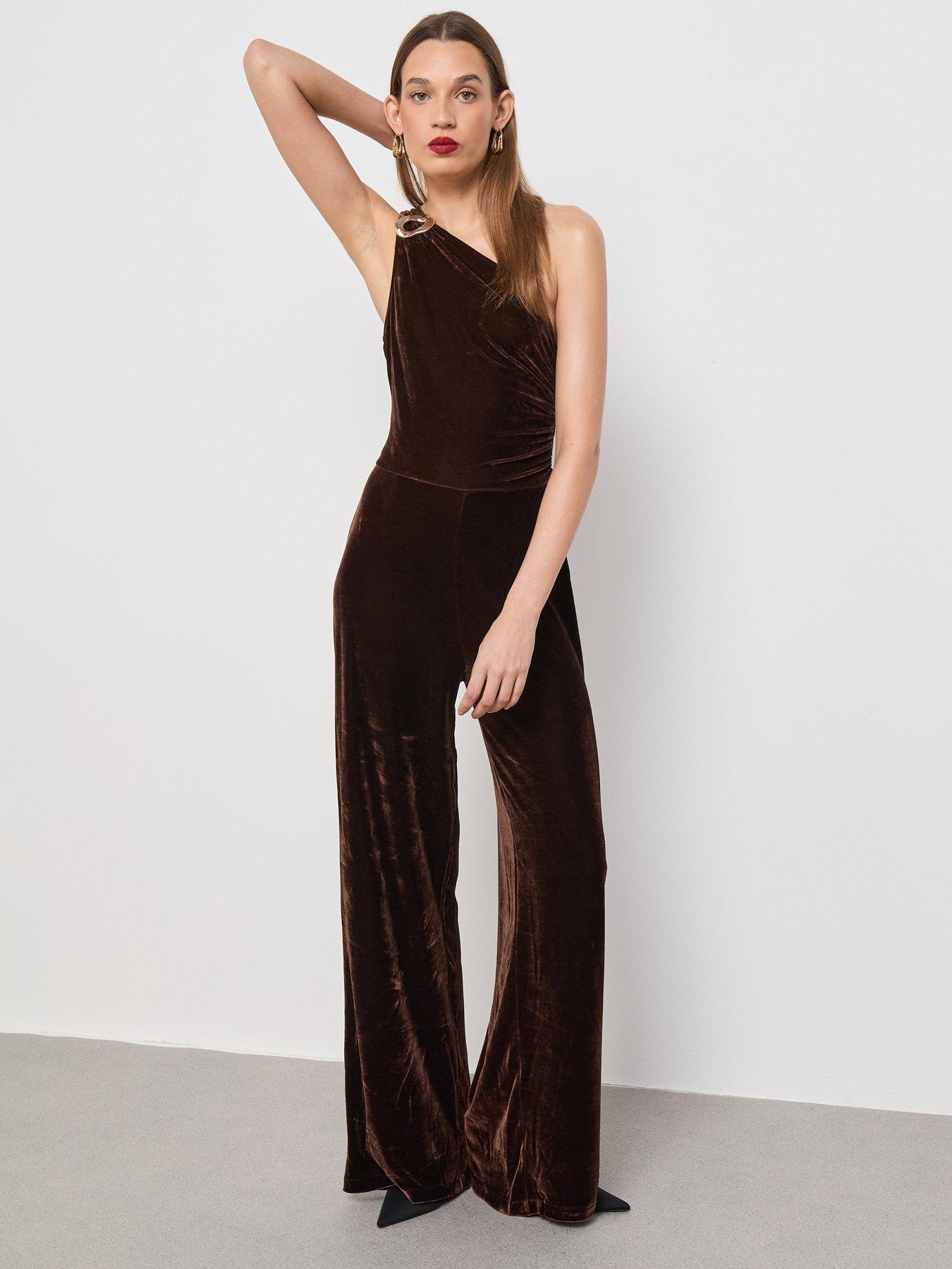 Mango Velvet Jumpsuit with Metallic Detail - Brown