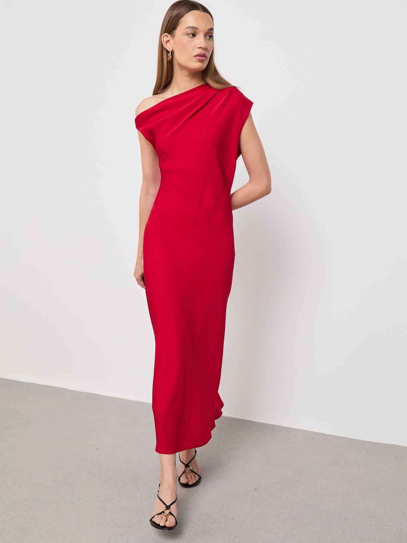 Mango A-Line Dress with Asymmetrical Neckline - Red