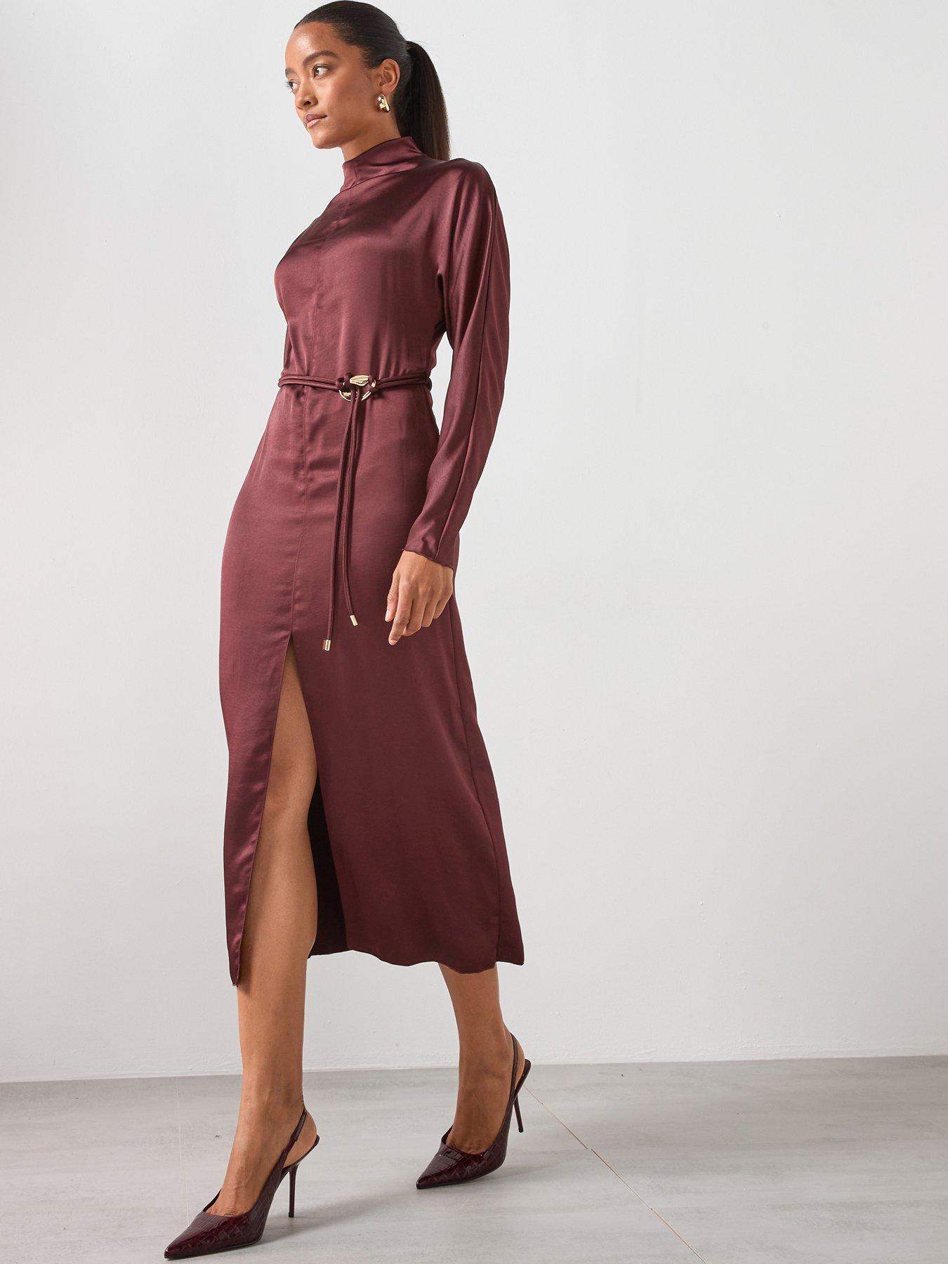  image of mango-high-neck-belted-dress-purple