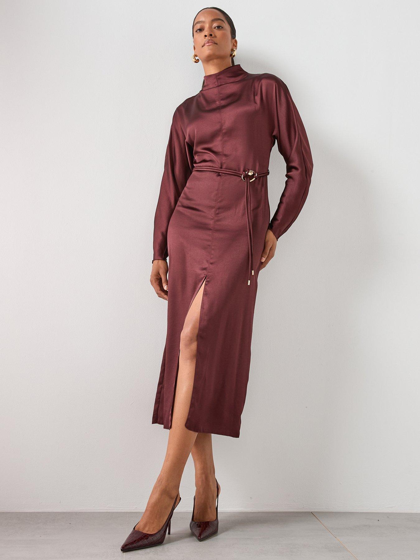  image of mango-high-neck-belted-dress-purple