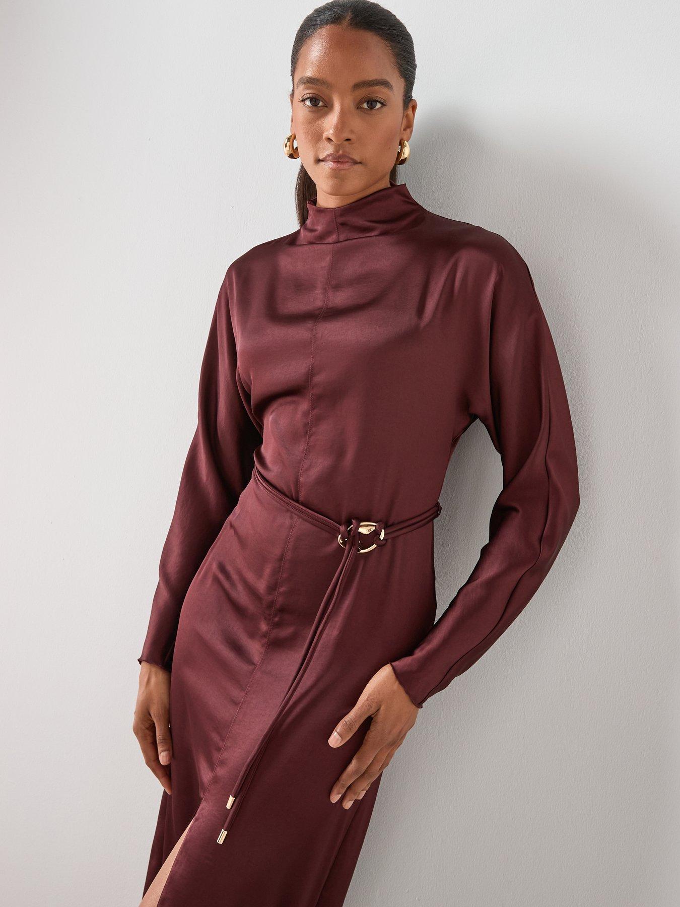 image of mango-high-neck-belted-dress-purple