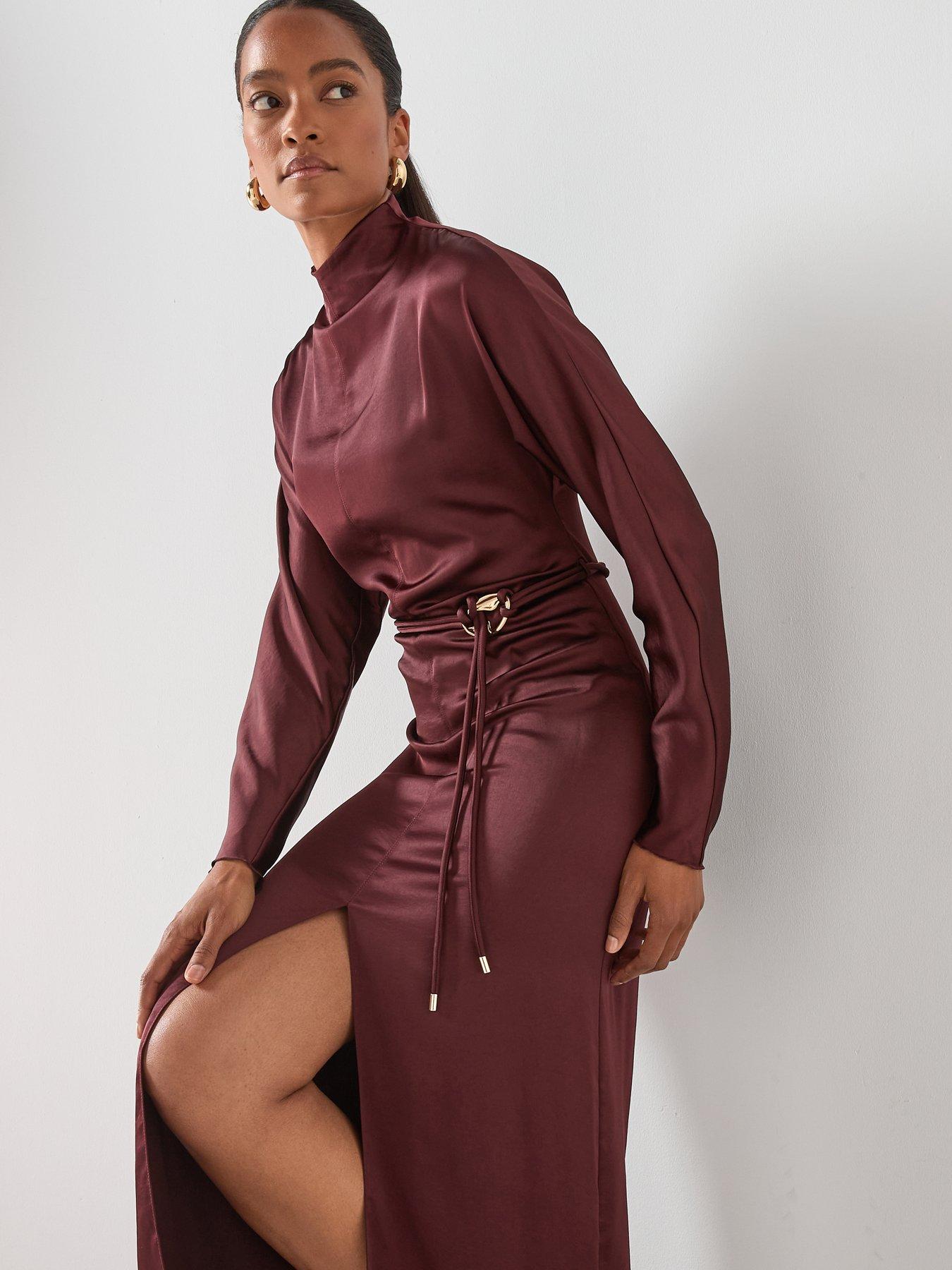  image of mango-high-neck-belted-dress-purple