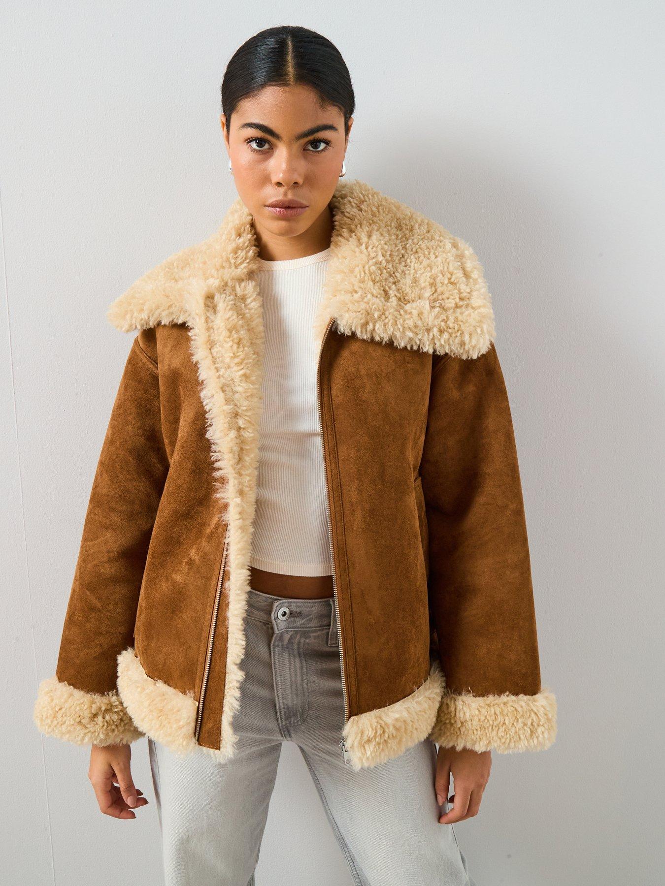  image of mango-shearling-and-suede-effect-jacket-brown