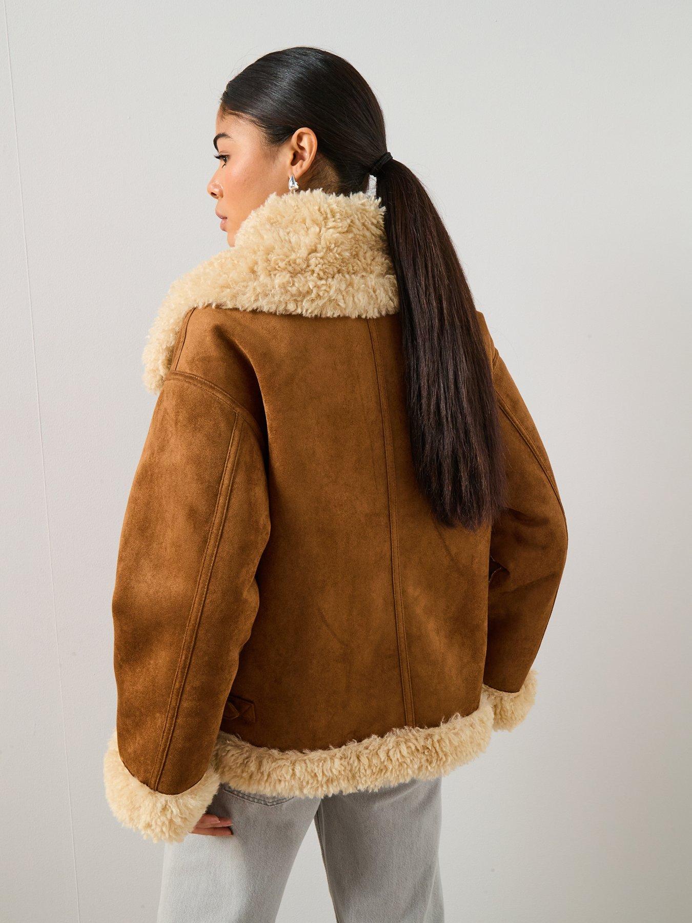  image of mango-shearling-and-suede-effect-jacket-brown
