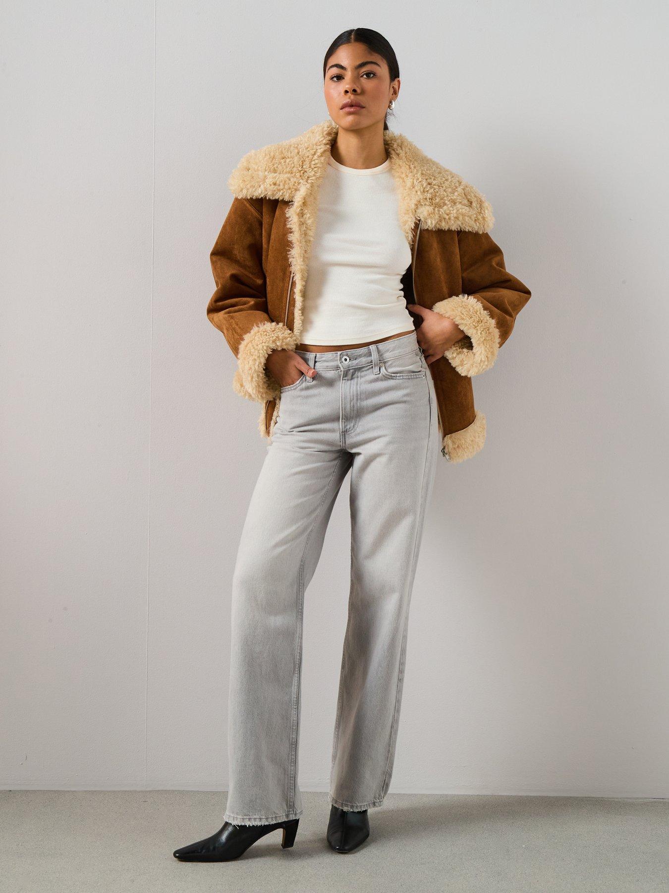  image of mango-shearling-and-suede-effect-jacket-brown