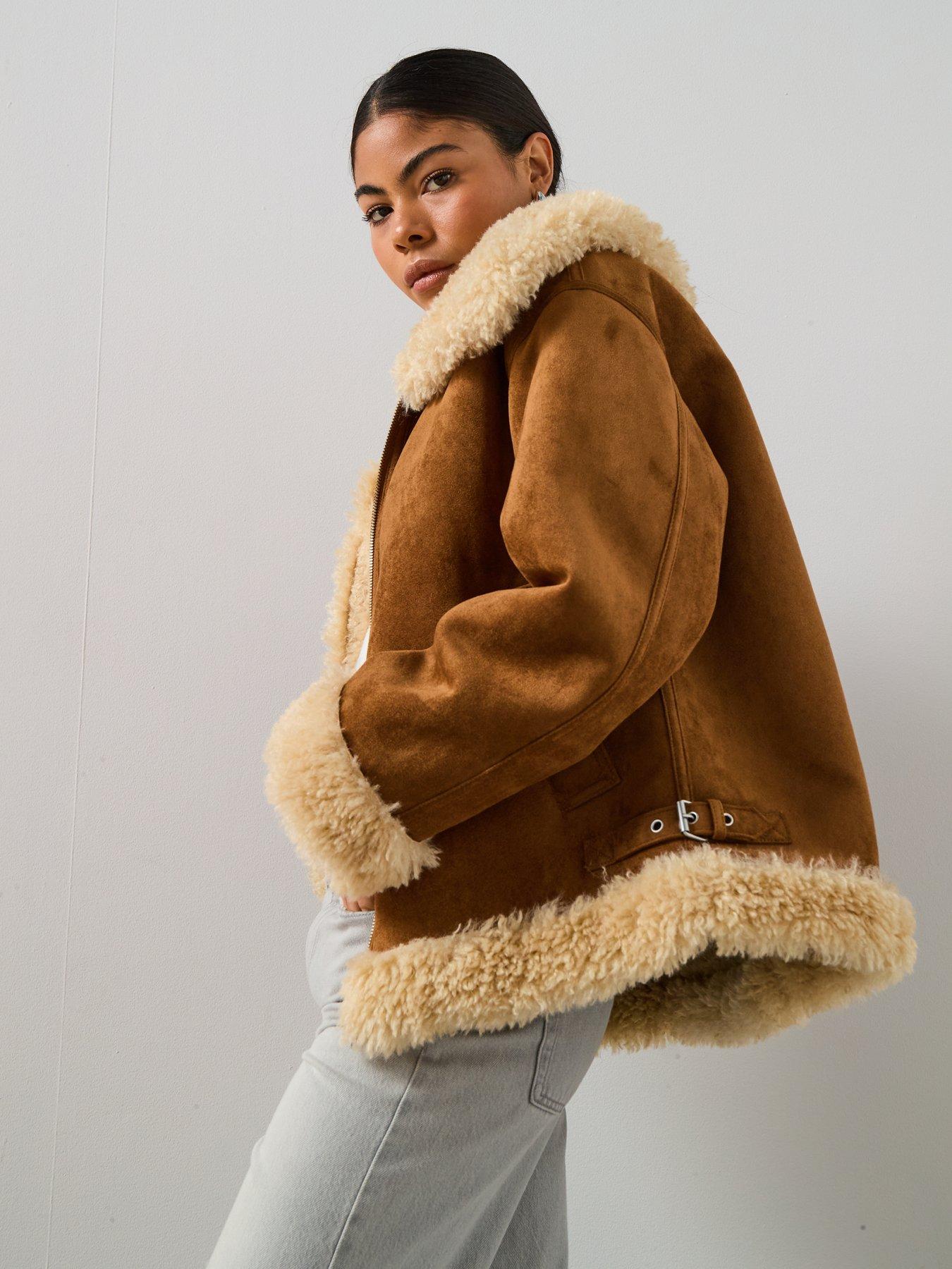  image of mango-shearling-and-suede-effect-jacket-brown
