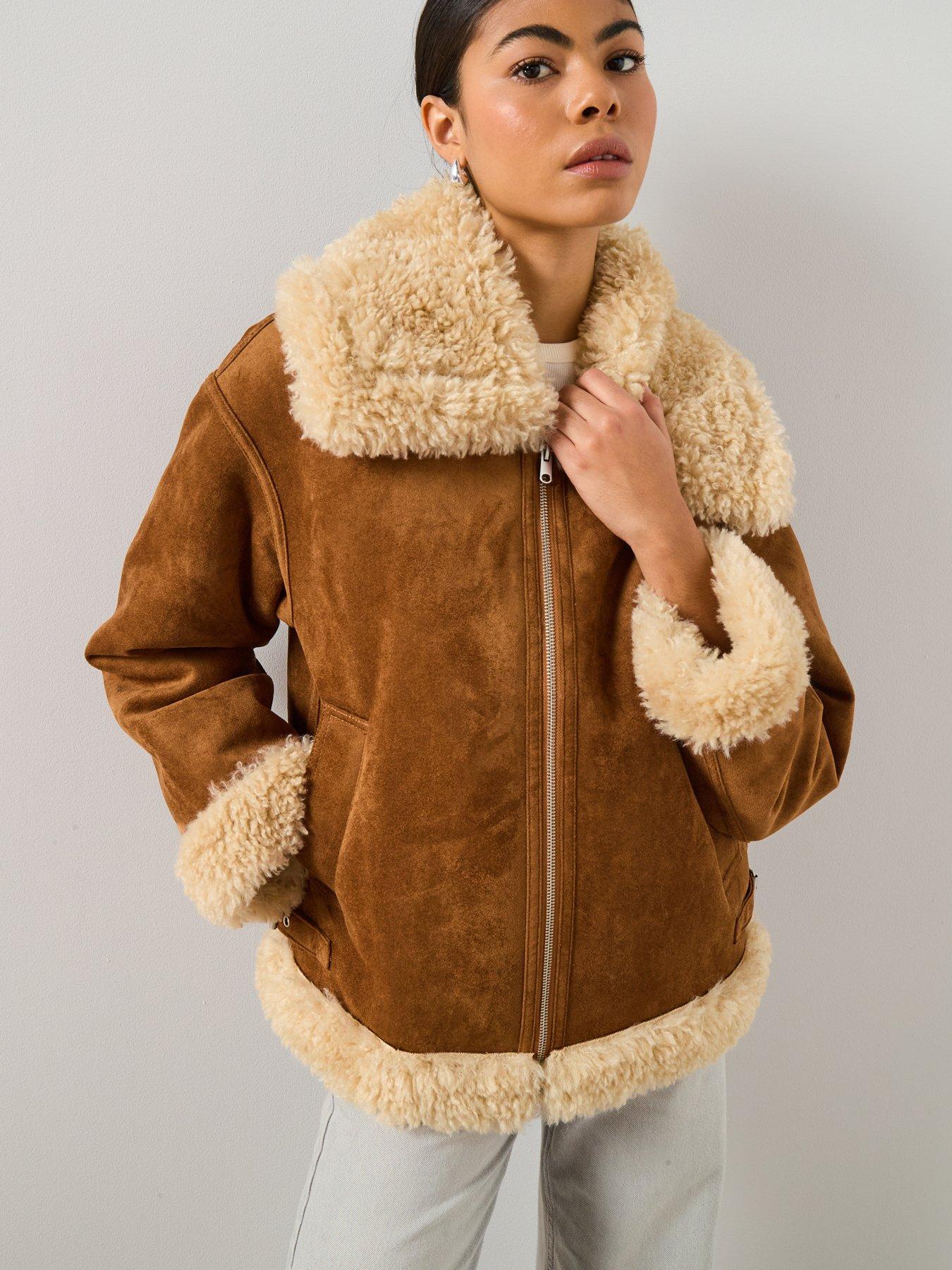  image of mango-shearling-and-suede-effect-jacket-brown