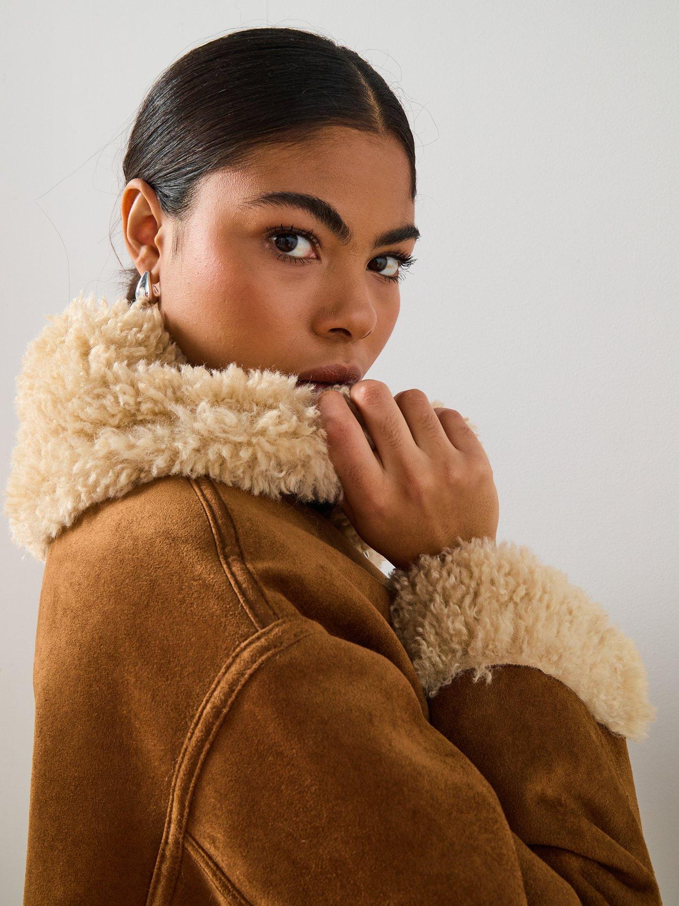  image of mango-shearling-and-suede-effect-jacket-brown