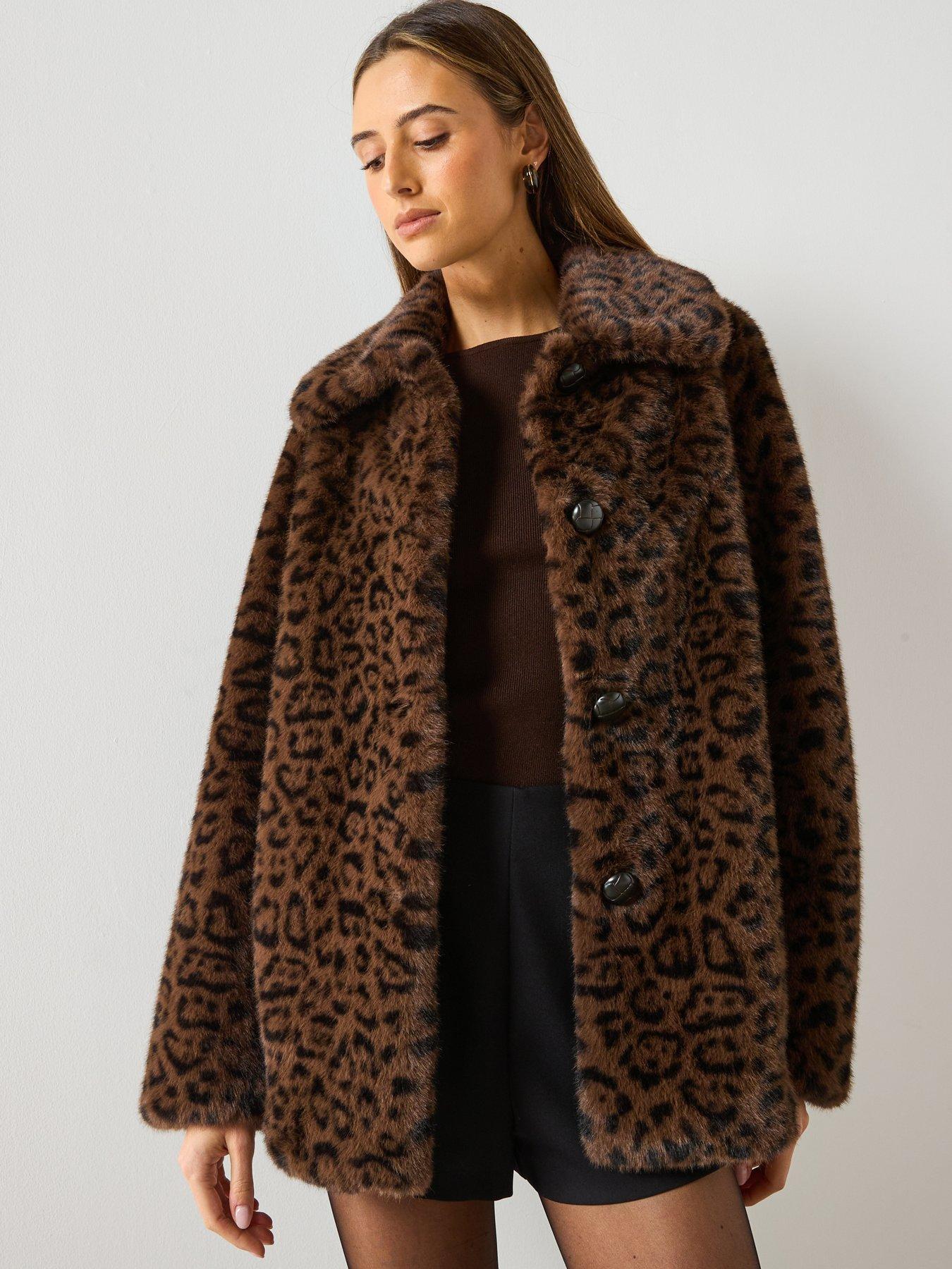 Mango Faux Fur Leopard Print Coat - Brown