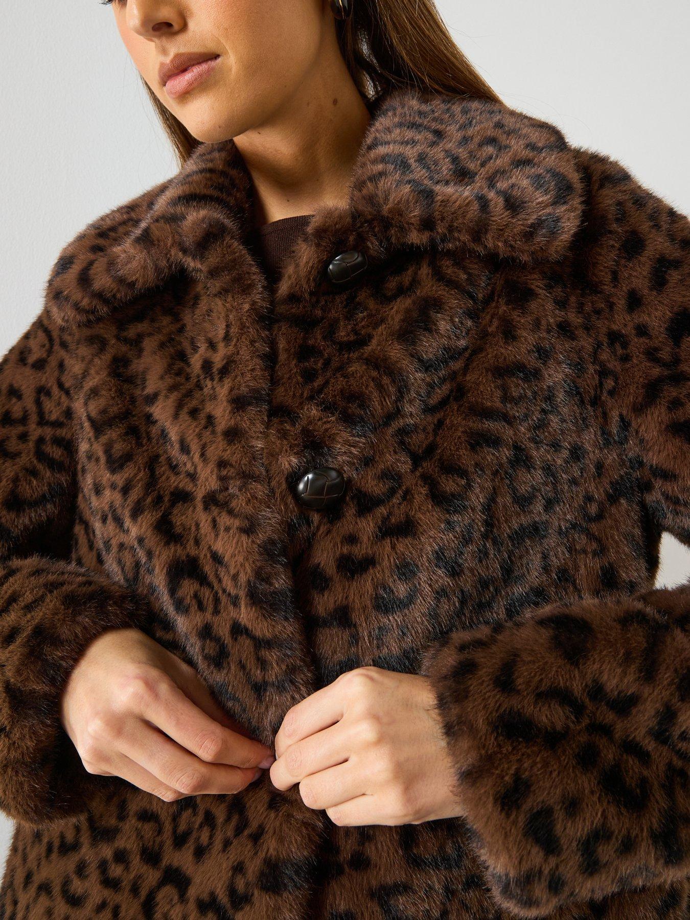  image of mango-faux-fur-leopard-print-coat-brown