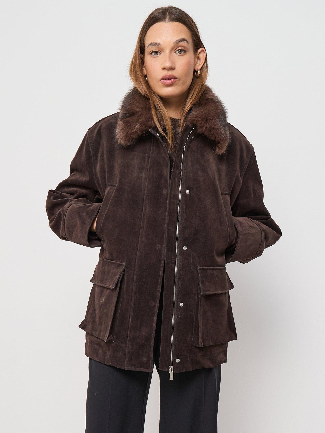 Image 1 of 6 of Mango Velvet Finish Parka With Faux Fur Collar