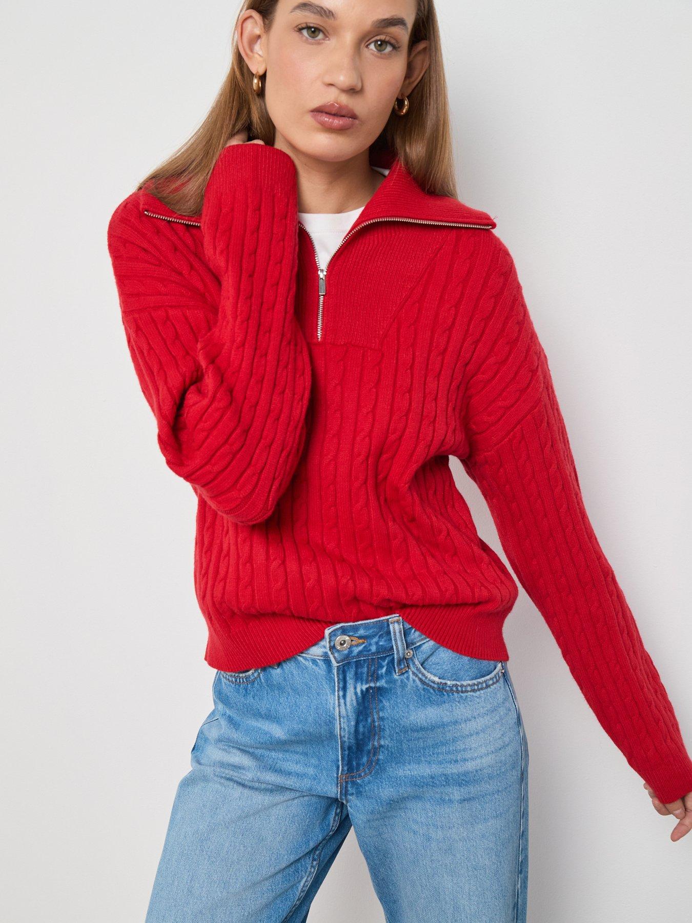 Mango Cable Knit Funnel Neck Jumper - Red