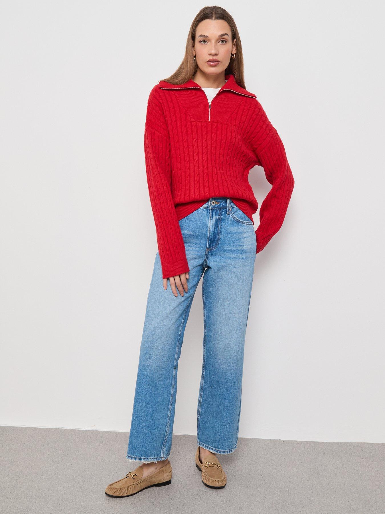  image of mango-cable-knit-funnel-neck-jumper-red