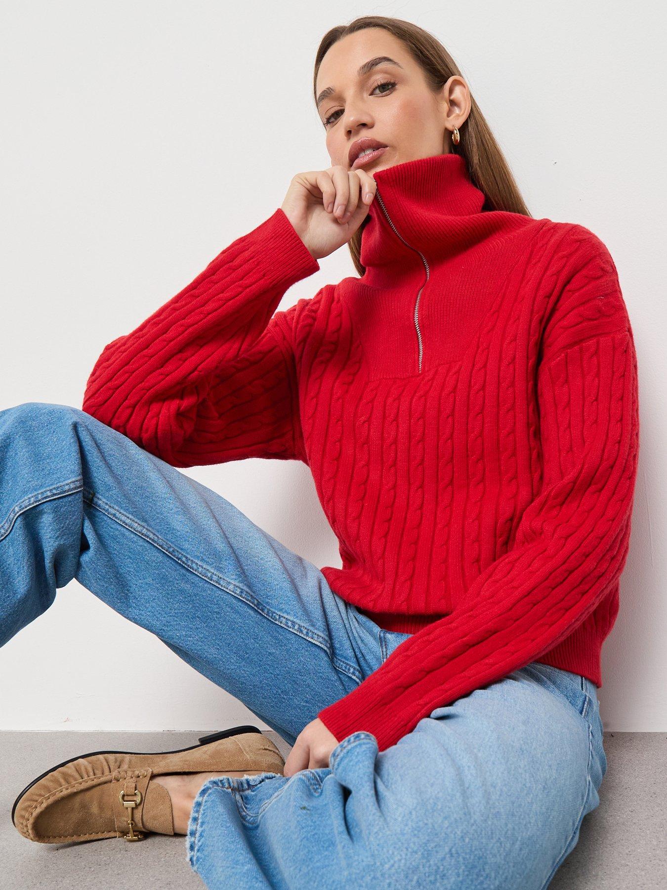  image of mango-cable-knit-funnel-neck-jumper-red