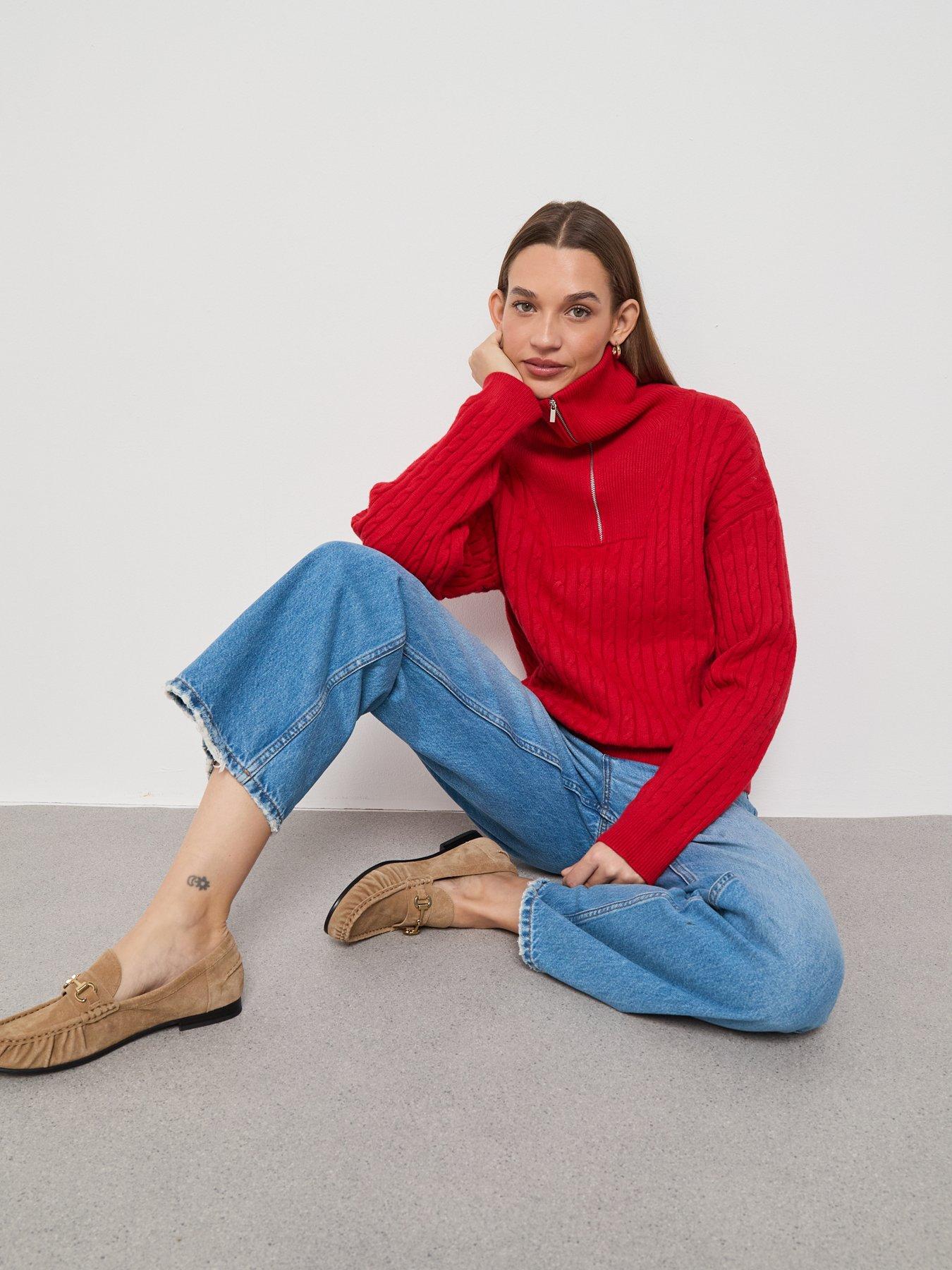  image of mango-cable-knit-funnel-neck-jumper-red