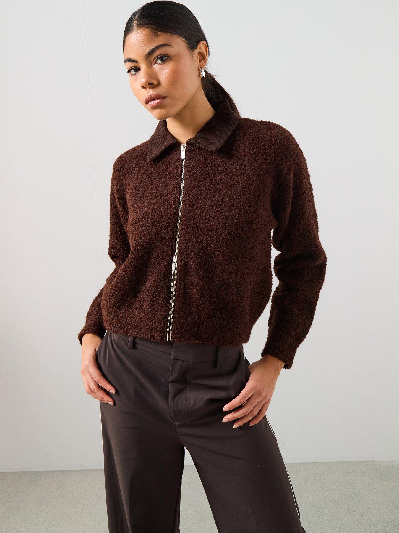 mango-zip-up-boucle-collared-cardigan-brown