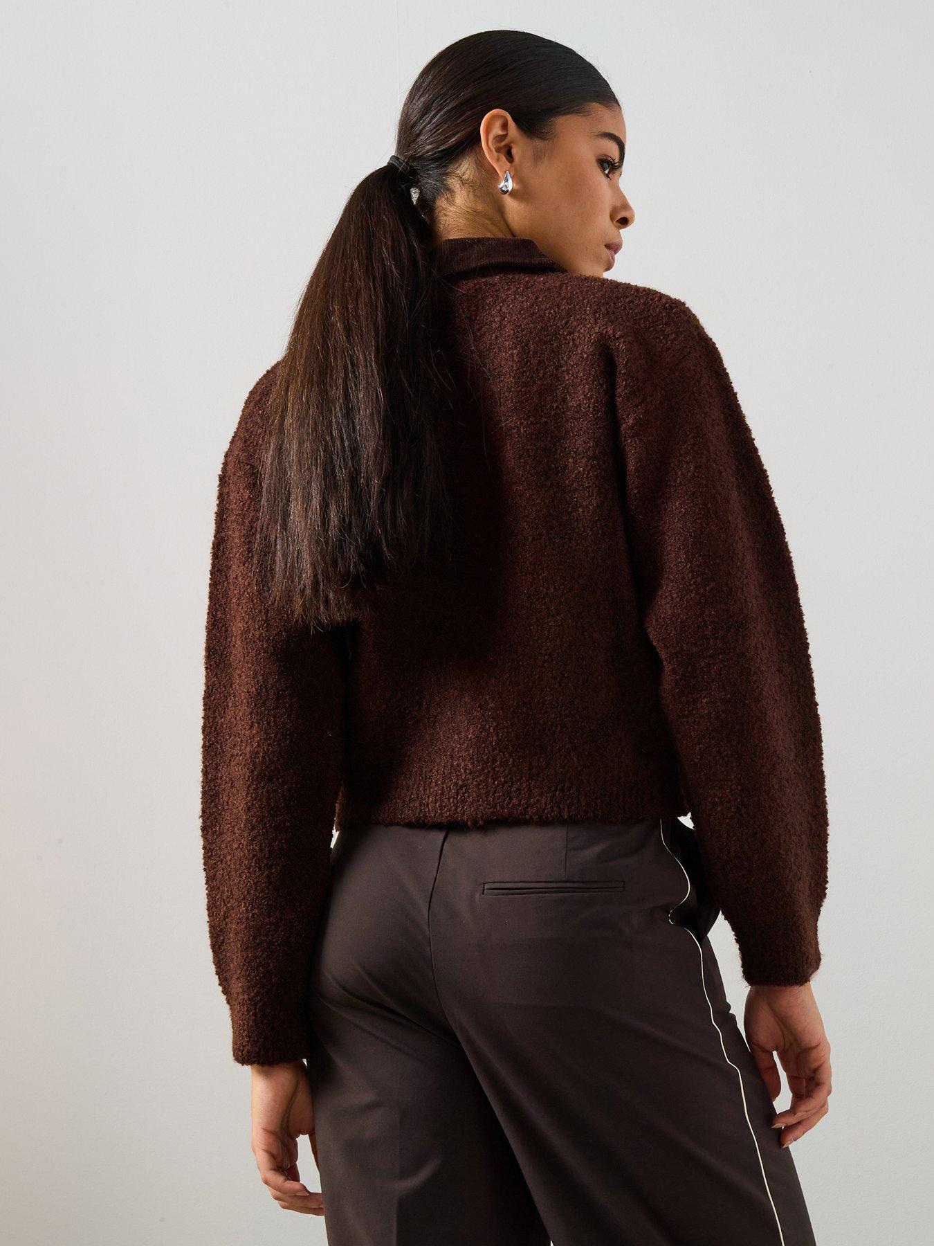 Image 2 of 6 of Mango Zip Up Boucle Collared Cardigan - Brown