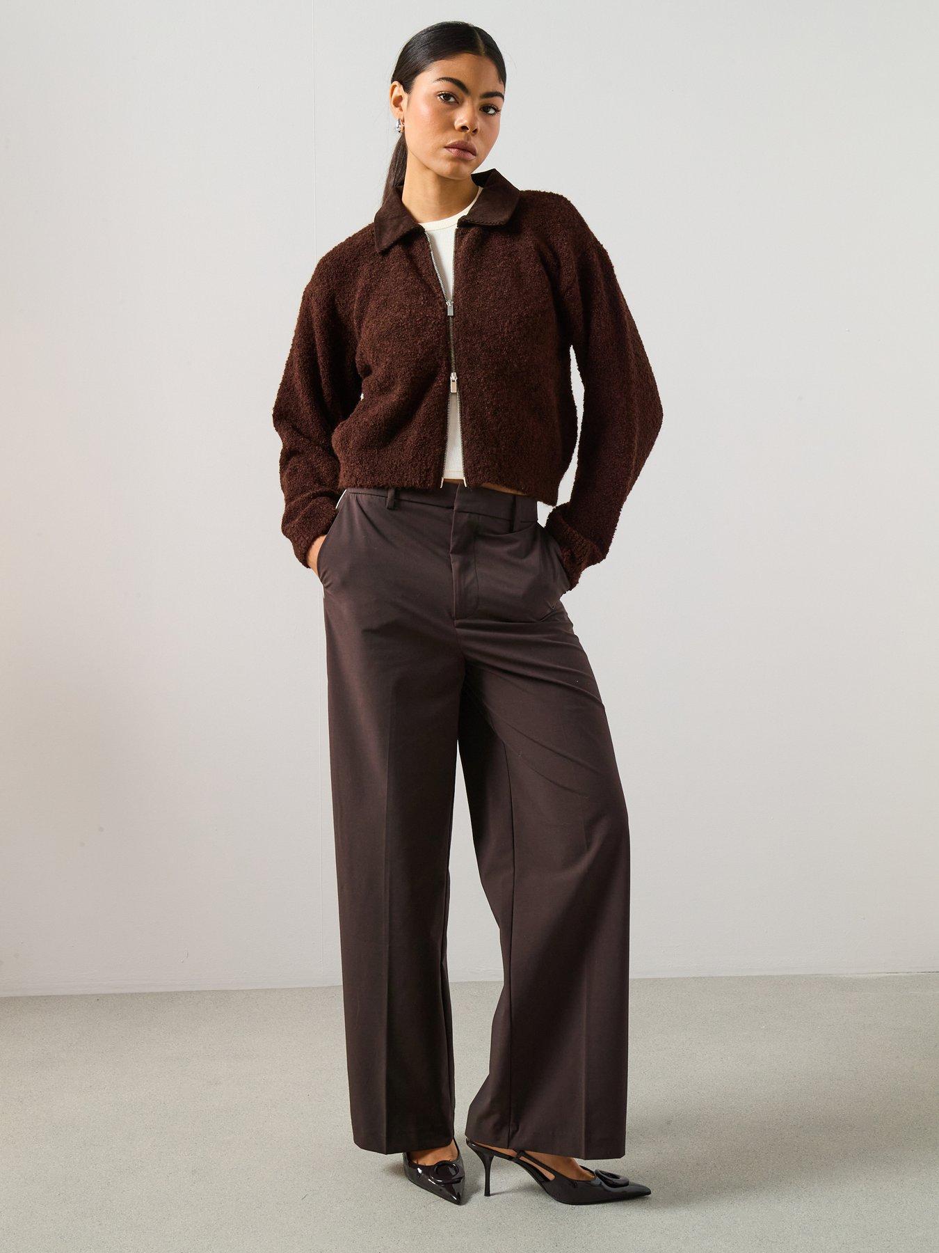 Image 3 of 6 of Mango Zip Up Boucle Collared Cardigan - Brown