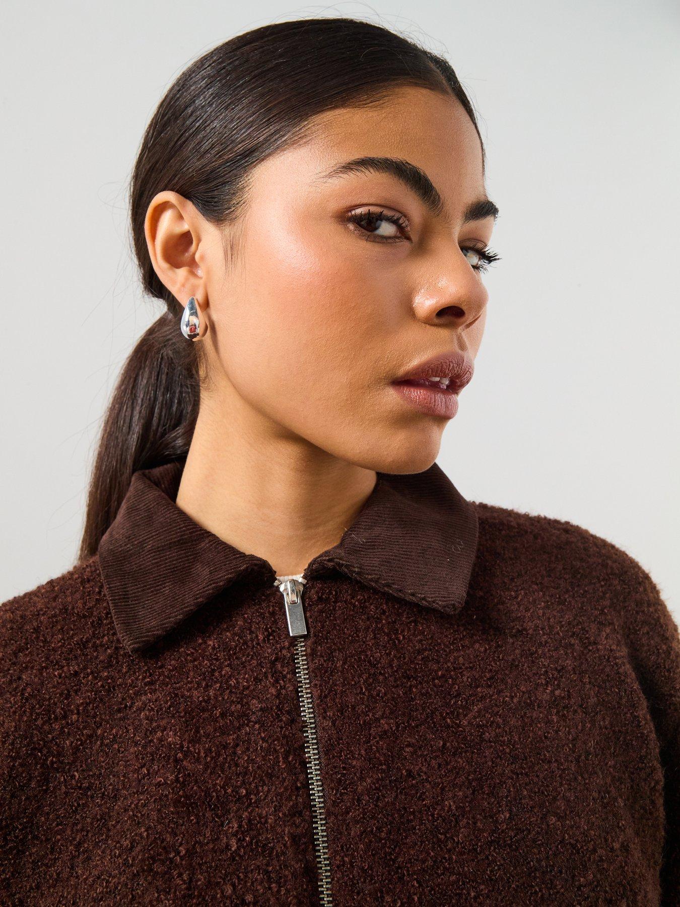 Image 4 of 6 of Mango Zip Up Boucle Collared Cardigan - Brown