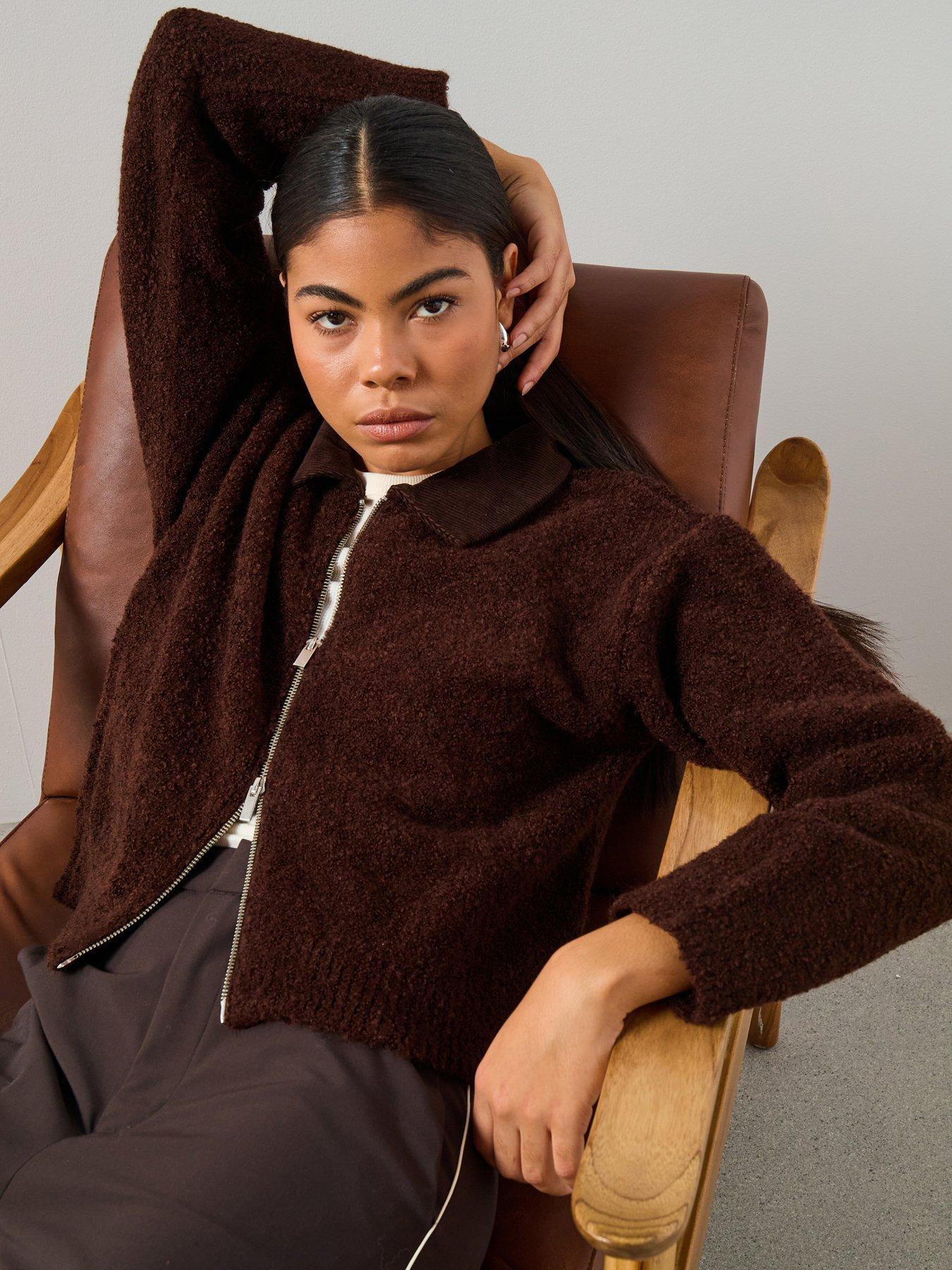 Image 6 of 6 of Mango Zip Up Boucle Collared Cardigan - Brown