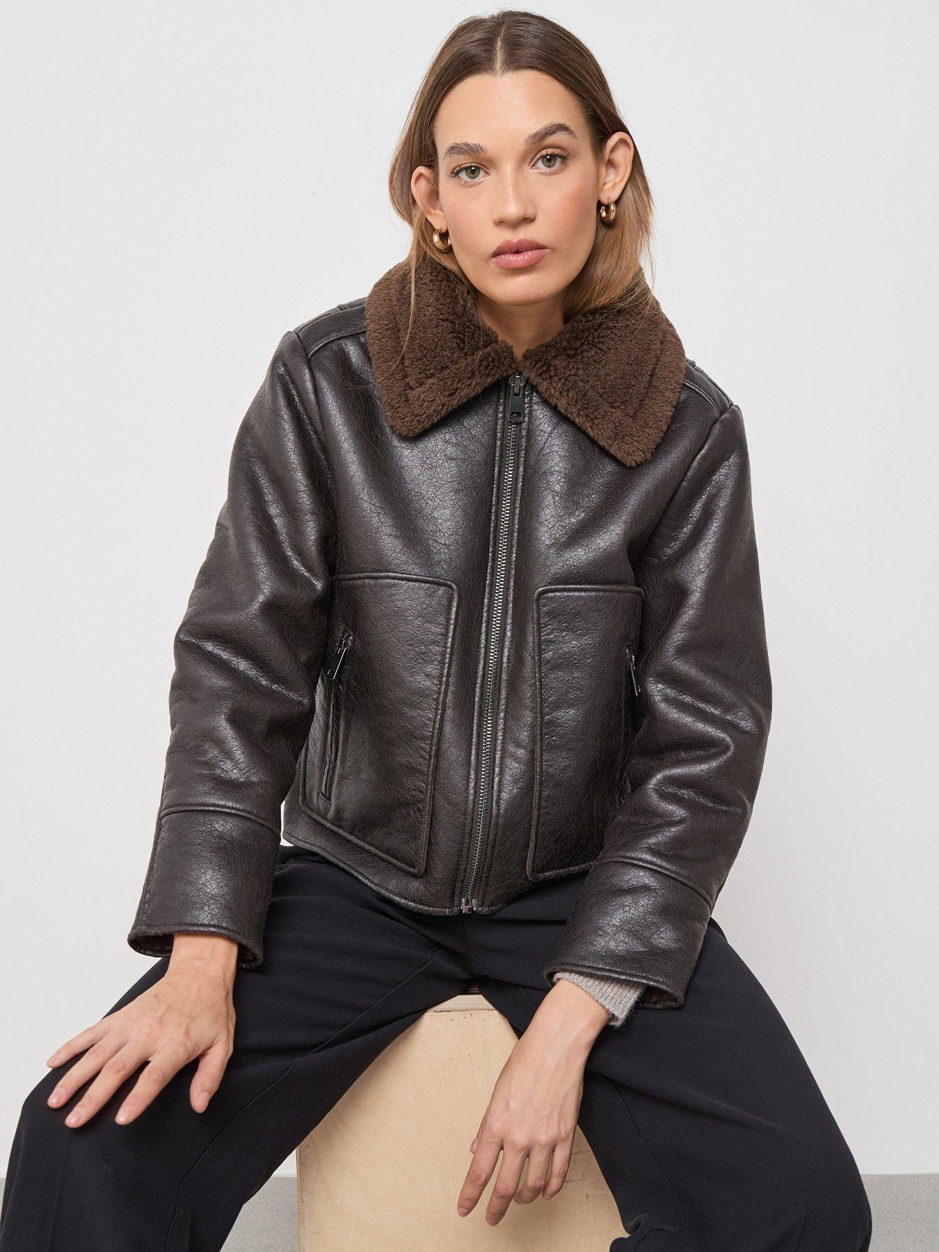 Image 1 of 6 of Mango Leather Effect Jacket With Shearling Collar