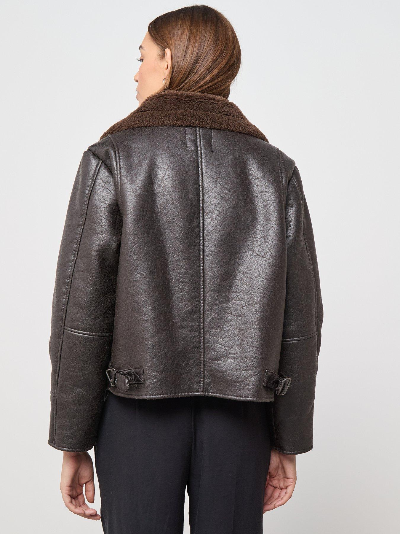 Image 2 of 6 of Mango Leather Effect Jacket With Shearling Collar