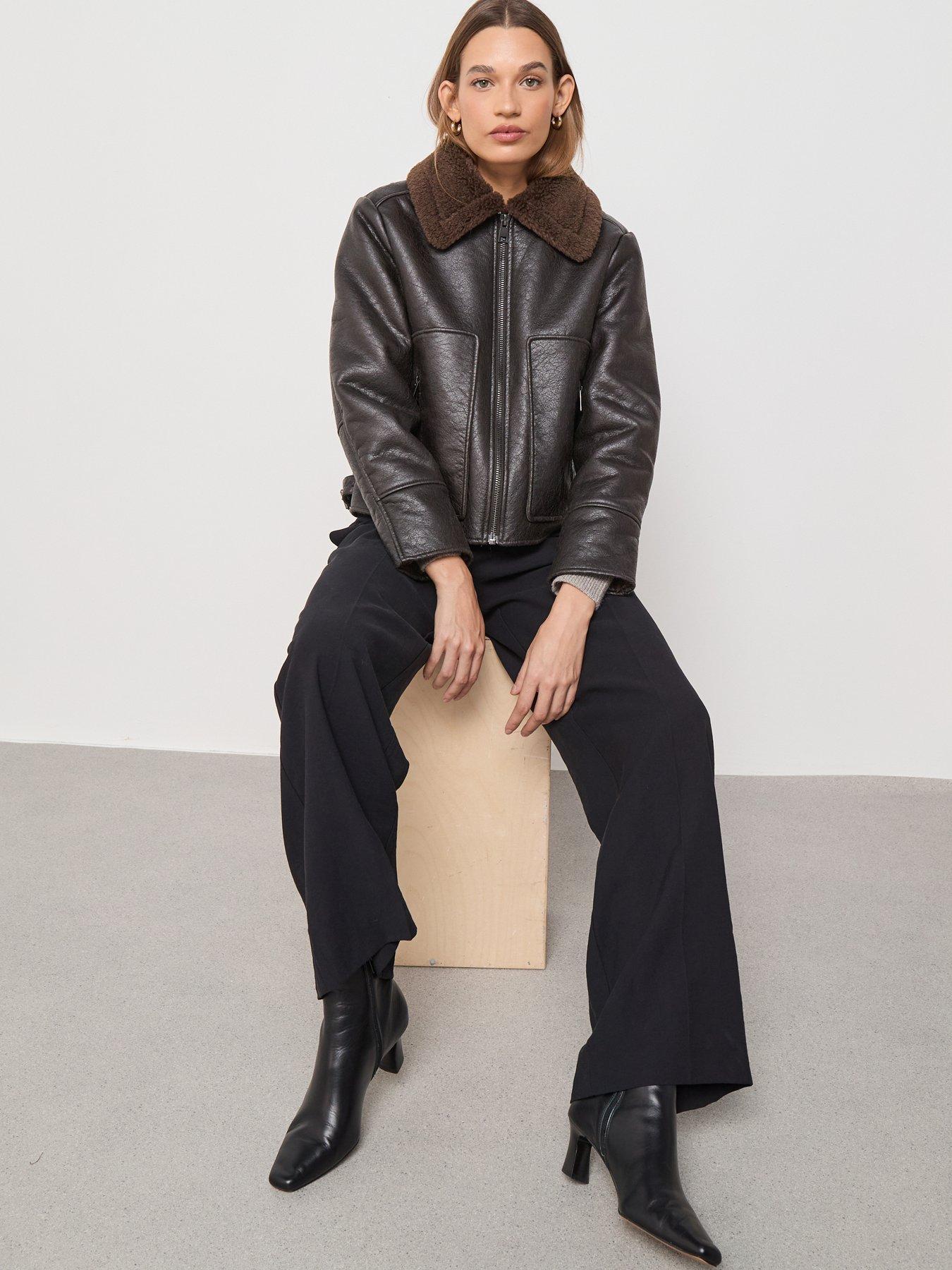 Image 4 of 6 of Mango Leather Effect Jacket With Shearling Collar