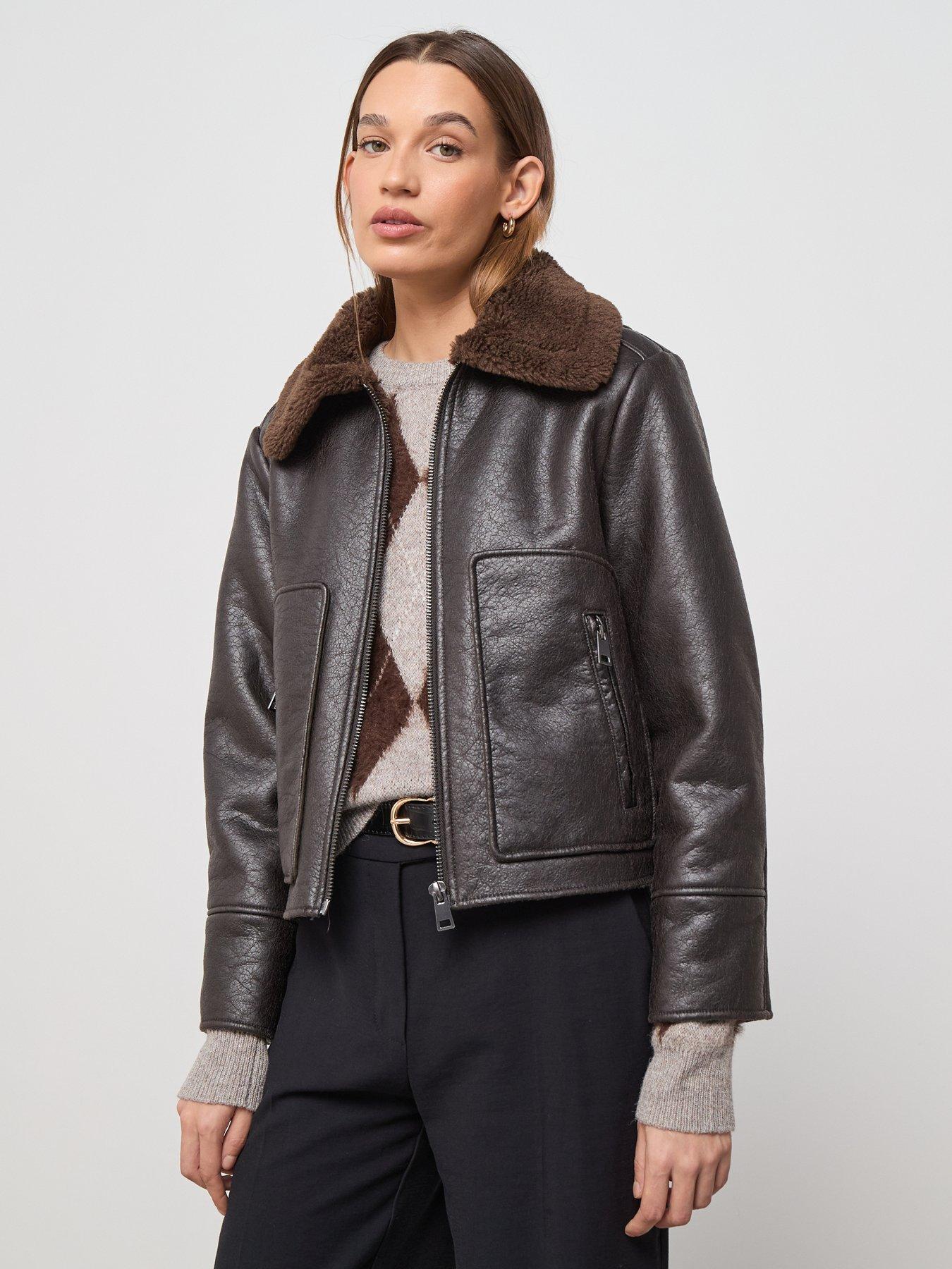 Image 6 of 6 of Mango Leather Effect Jacket With Shearling Collar